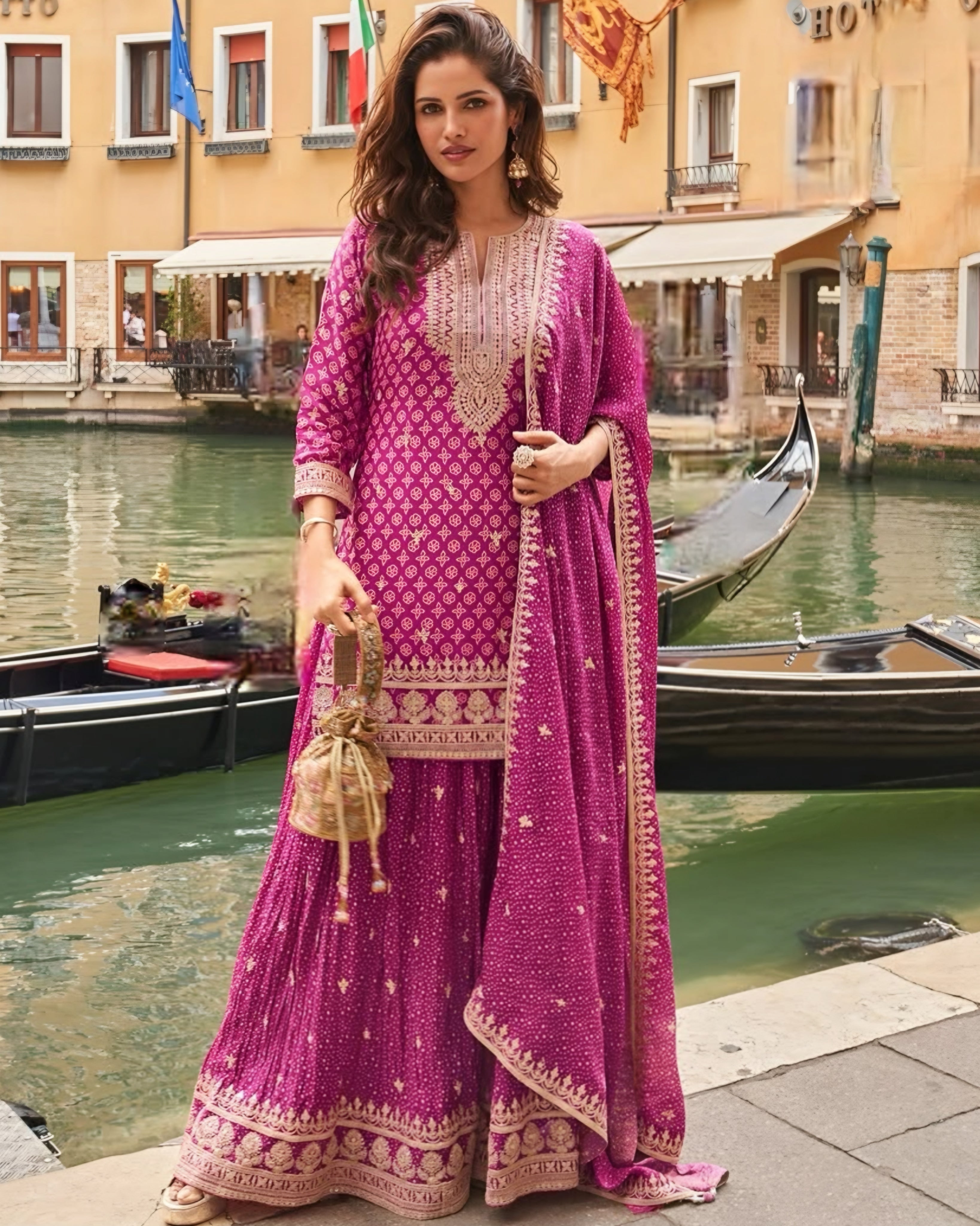 Premium Chinon Silk Palazzo Suits Magenta