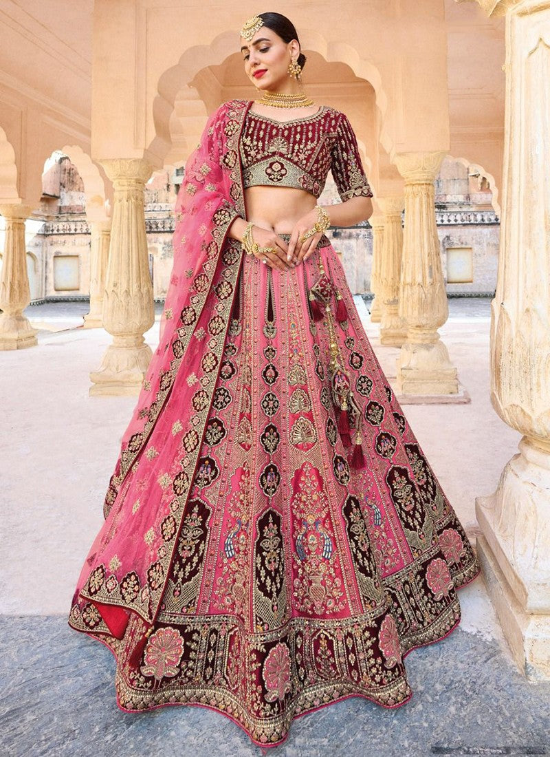 Pink Maroon Velvet Heavy Embroidery Bridal Lehenga - Sakhi Fashions