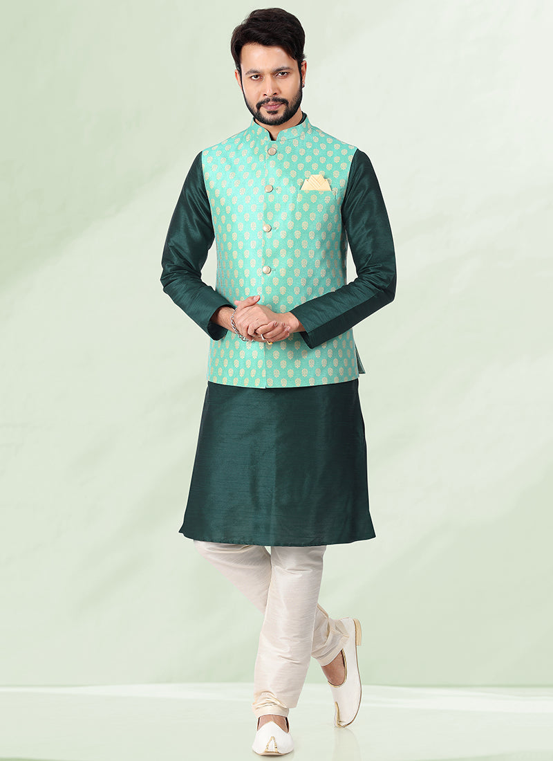 Mens Jacquard Silk Jacket Kurta Pyjama - Sakhi Fashions