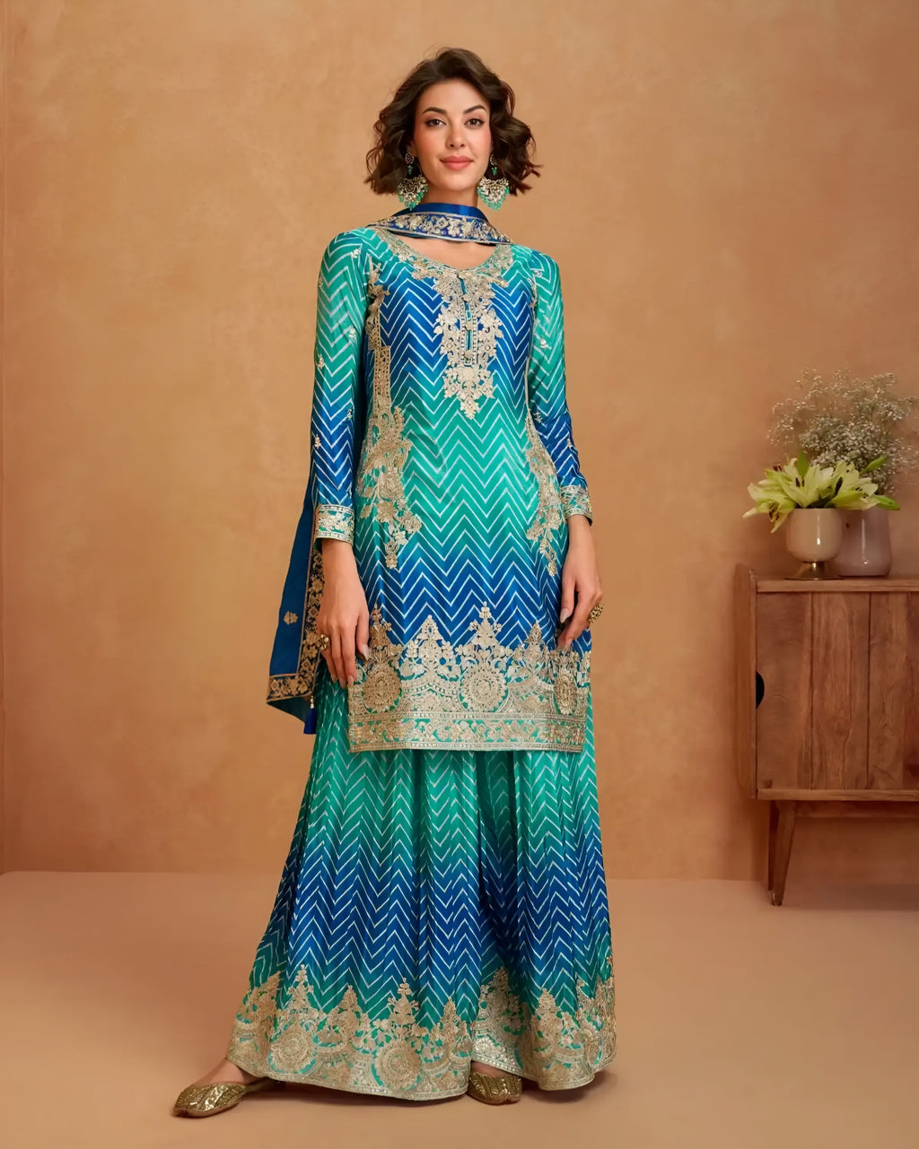 Sky Blue Poly Silk Palazzo Suit