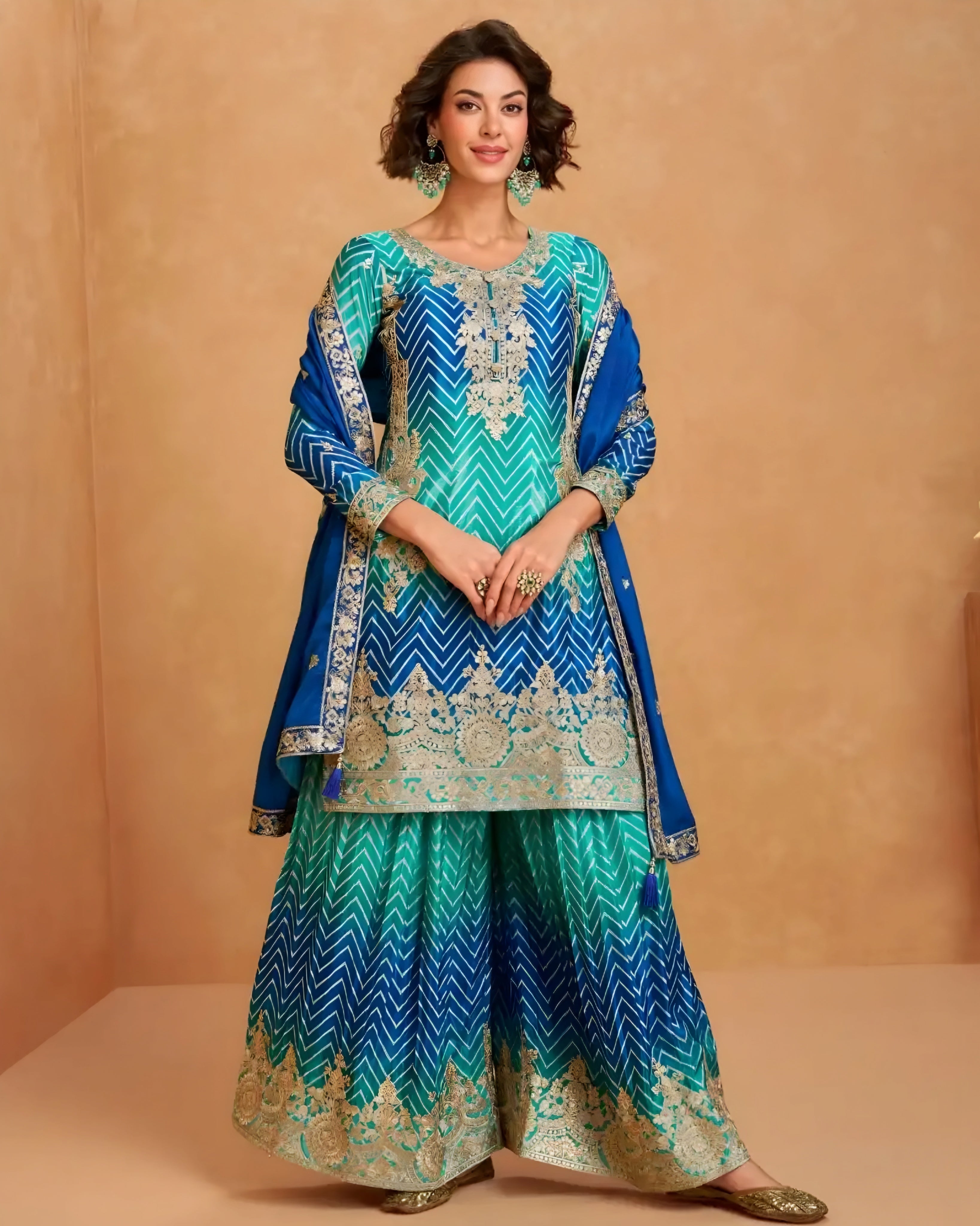 Premium Chinon Silk Palazzo Suits Blue