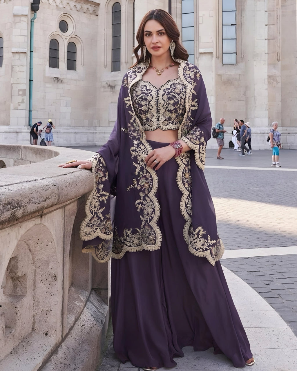 Floral Printed Crop Top with Palazzo & Attached Dupatta Indo Western Set