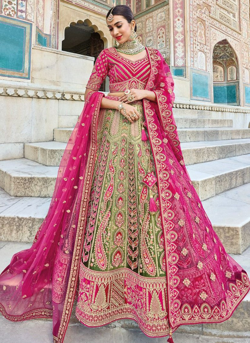 Rani Pista Green  Velvet Heavy Embroidery Bridal Lehenga - Sakhi Fashions