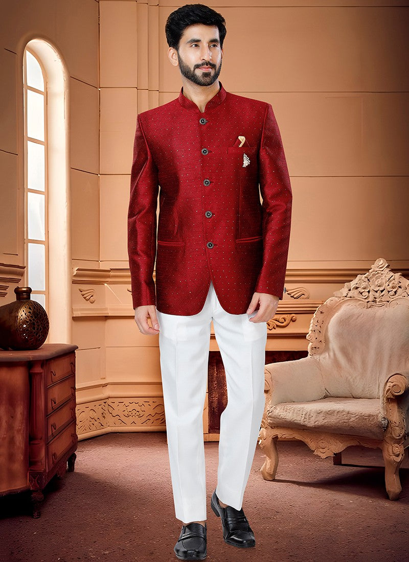 Red Jaquard Men Jodhpuri Suits - Sakhi Fashions