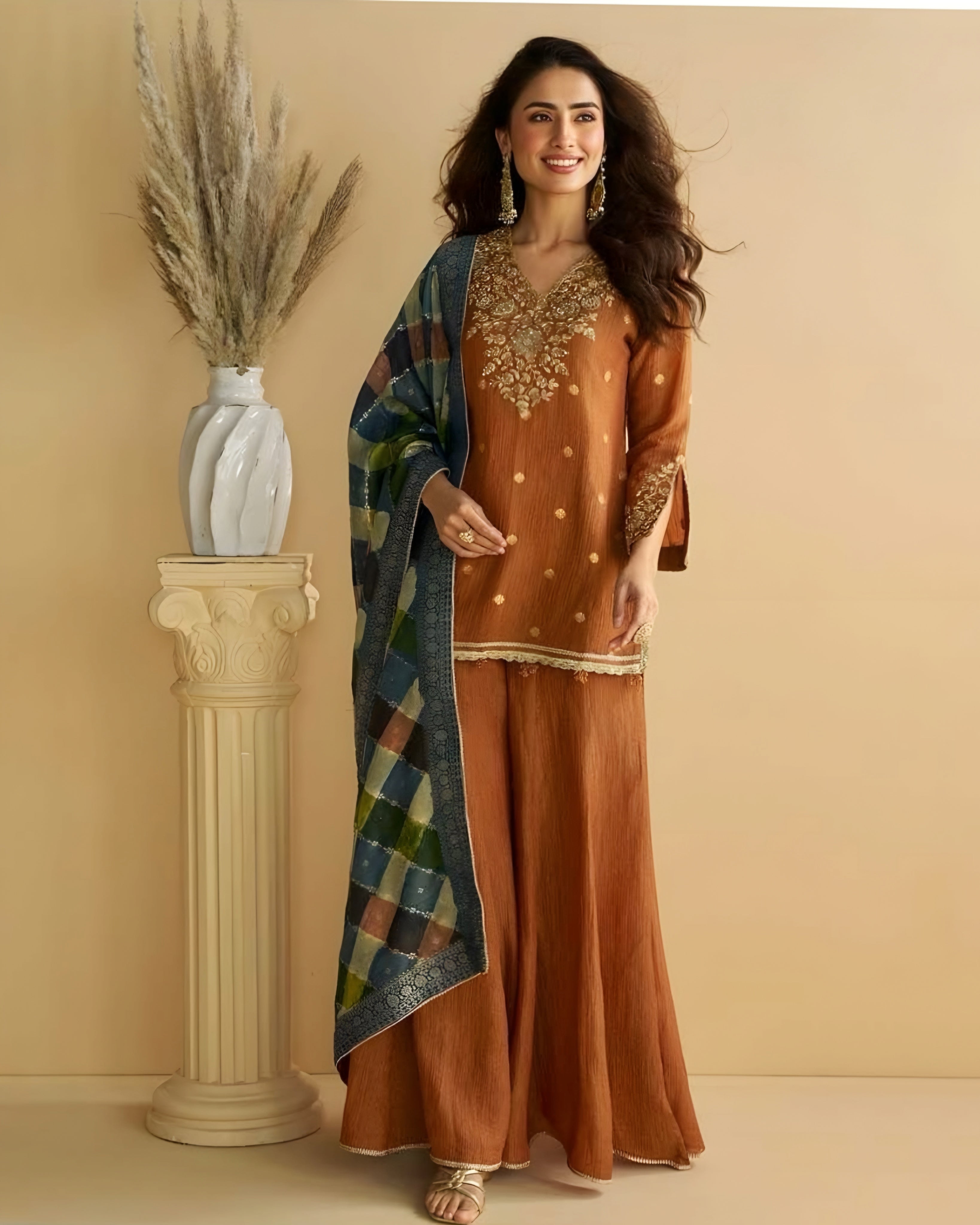 Embroidered Chinon Silk Salwar Suits with Palazzo & Dupatta – Festive Wear