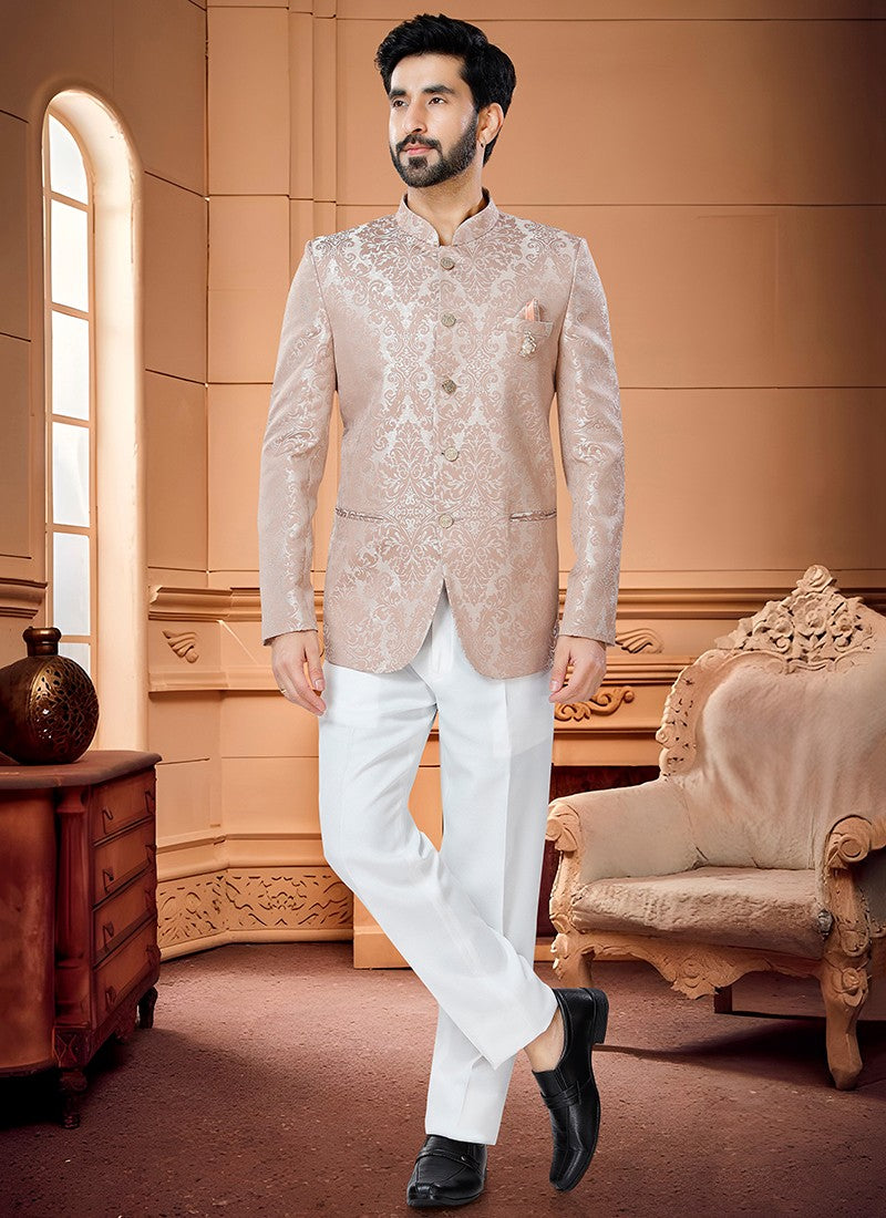 Skin Brown Woven  Jaquard Men Jodhpuri Suits - Sakhi Fashions