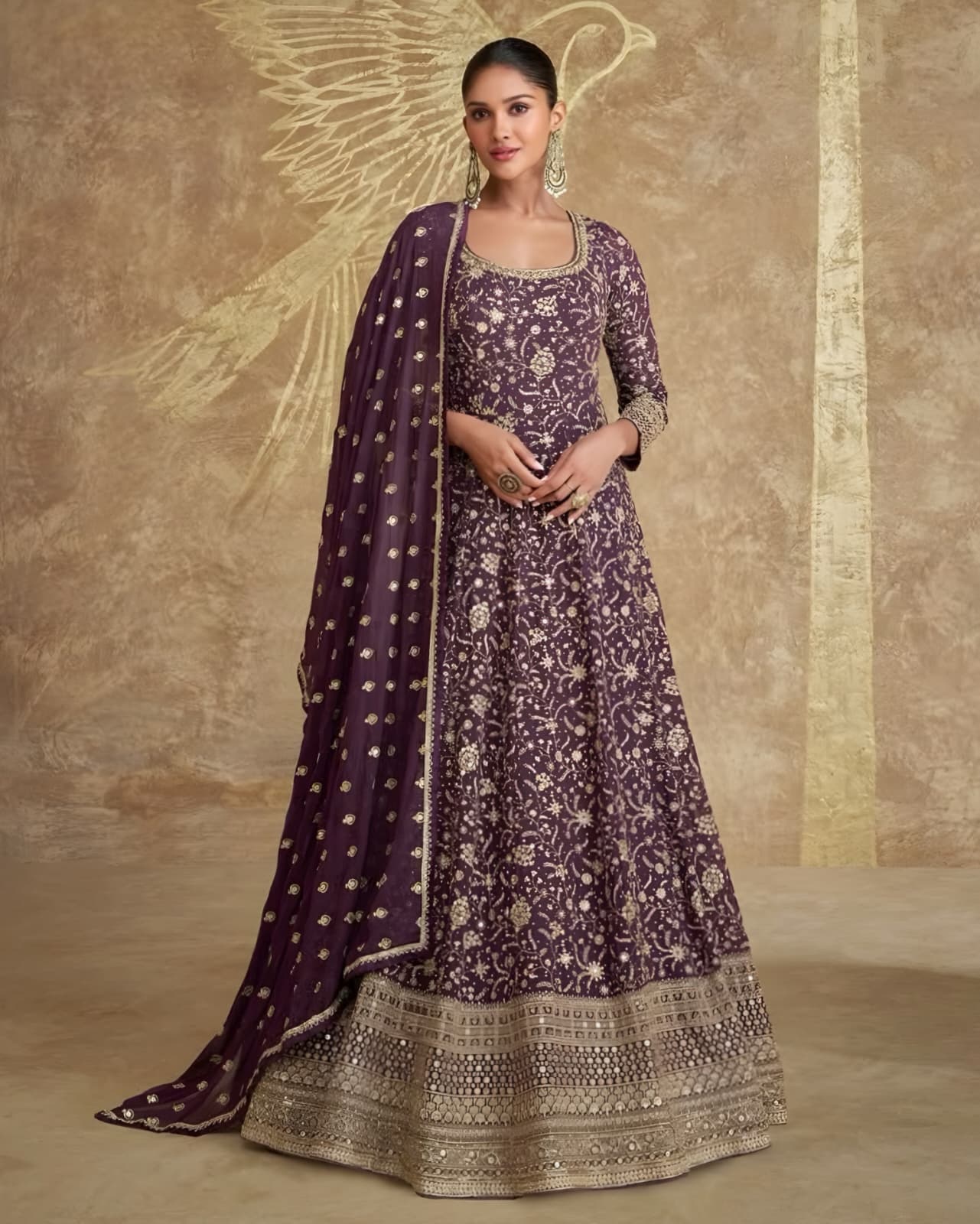Chocolate Maroon Georgette Anarkali Suit with Embroidered Dupatta