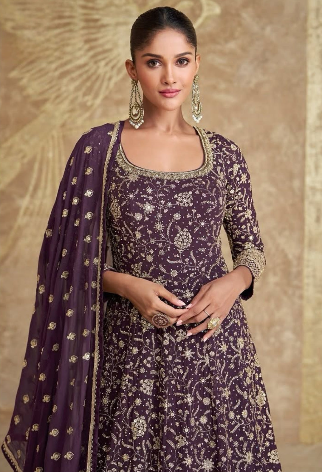 Chocolate Maroon Georgette Anarkali Suit with Embroidered Dupatta
