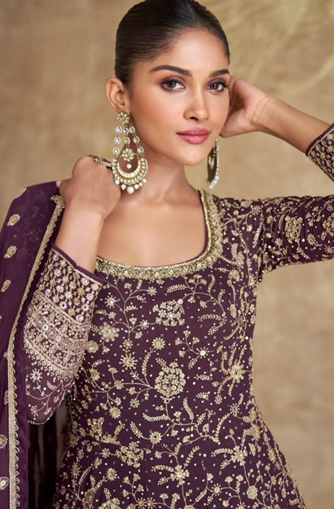 Chocolate Maroon Georgette Anarkali Suit with Embroidered Dupatta