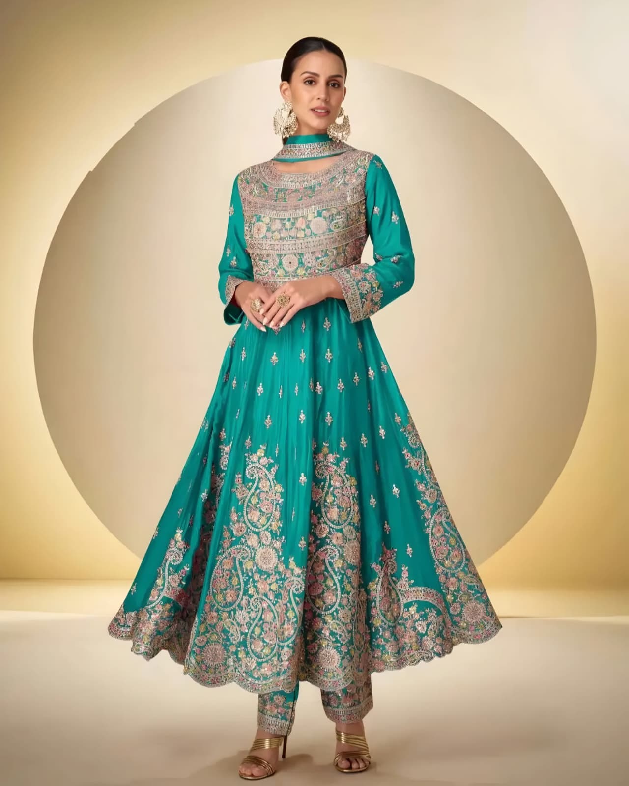 Green Chinon Silk Embroidered Anarkali Suit