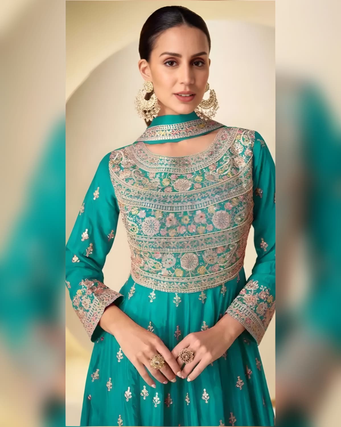 Green Chinon Silk Embroidered Anarkali Suit