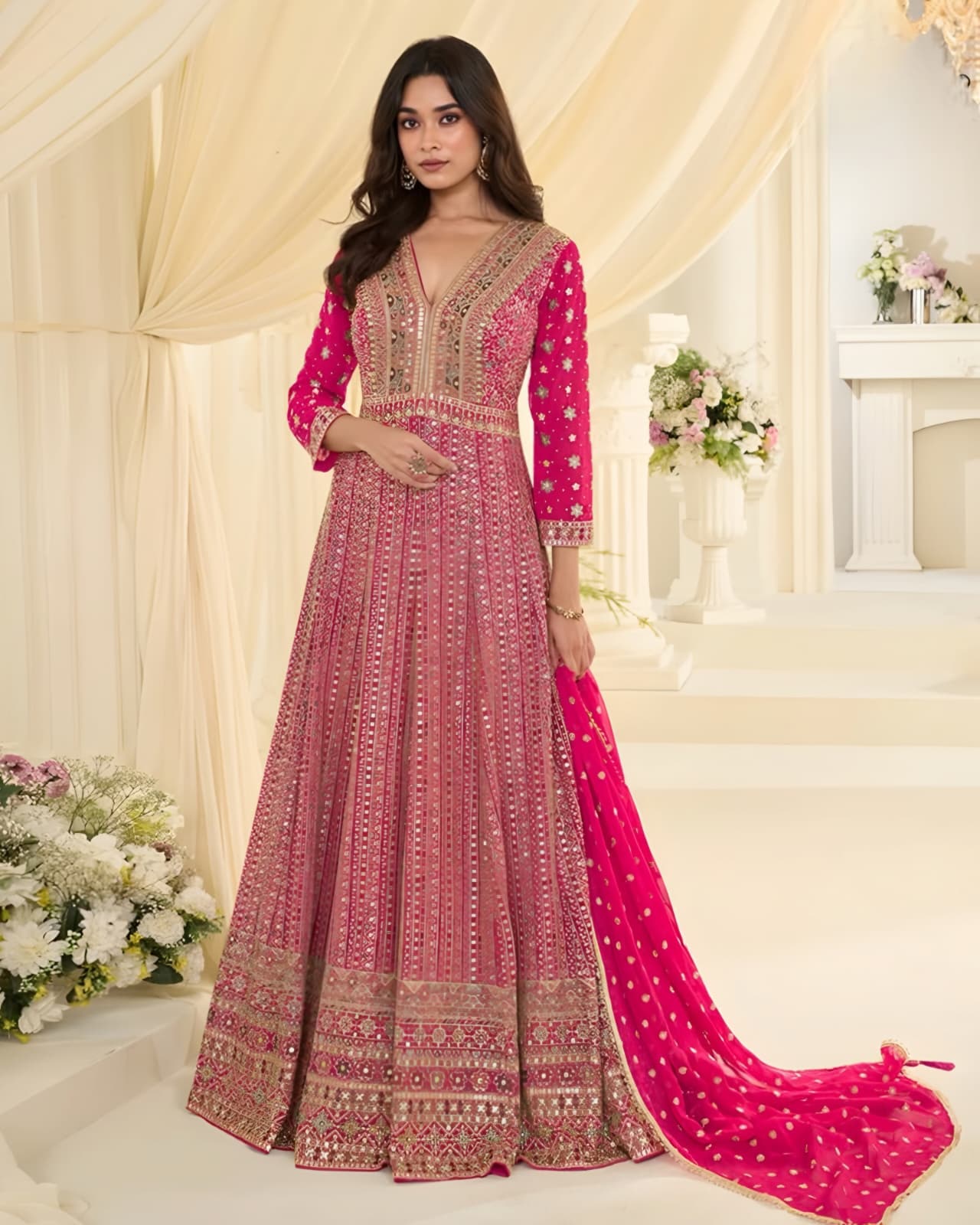Pink embroidered Anarkali suit with matching fuchsia dupatta