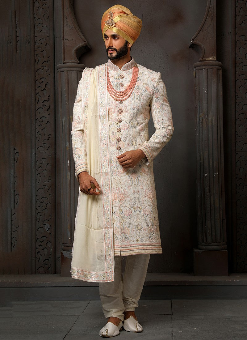 White and Peach colour  Embroidered Sherwani - Sakhi Fashions