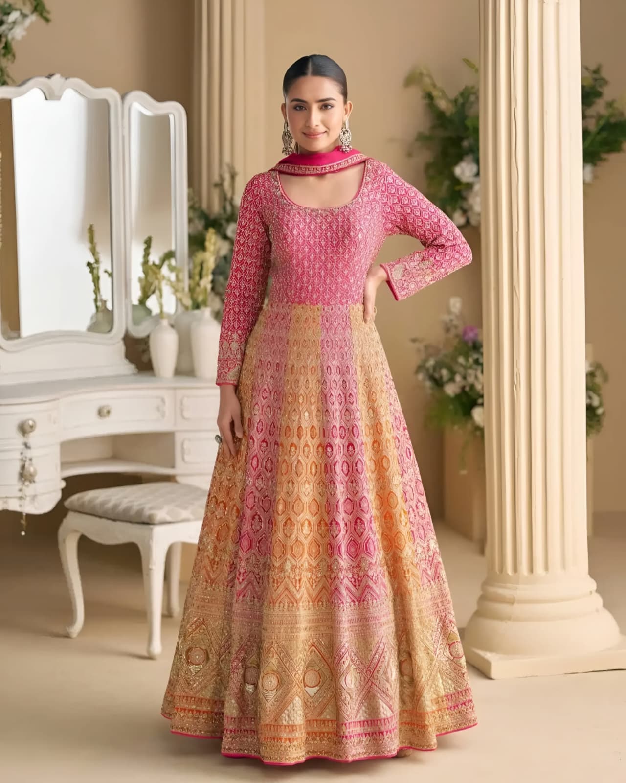 Real Premium Georgette Heavy Embroidered Anarkali Gown With Swarovski Zarkan Work Royal Pink Ombre