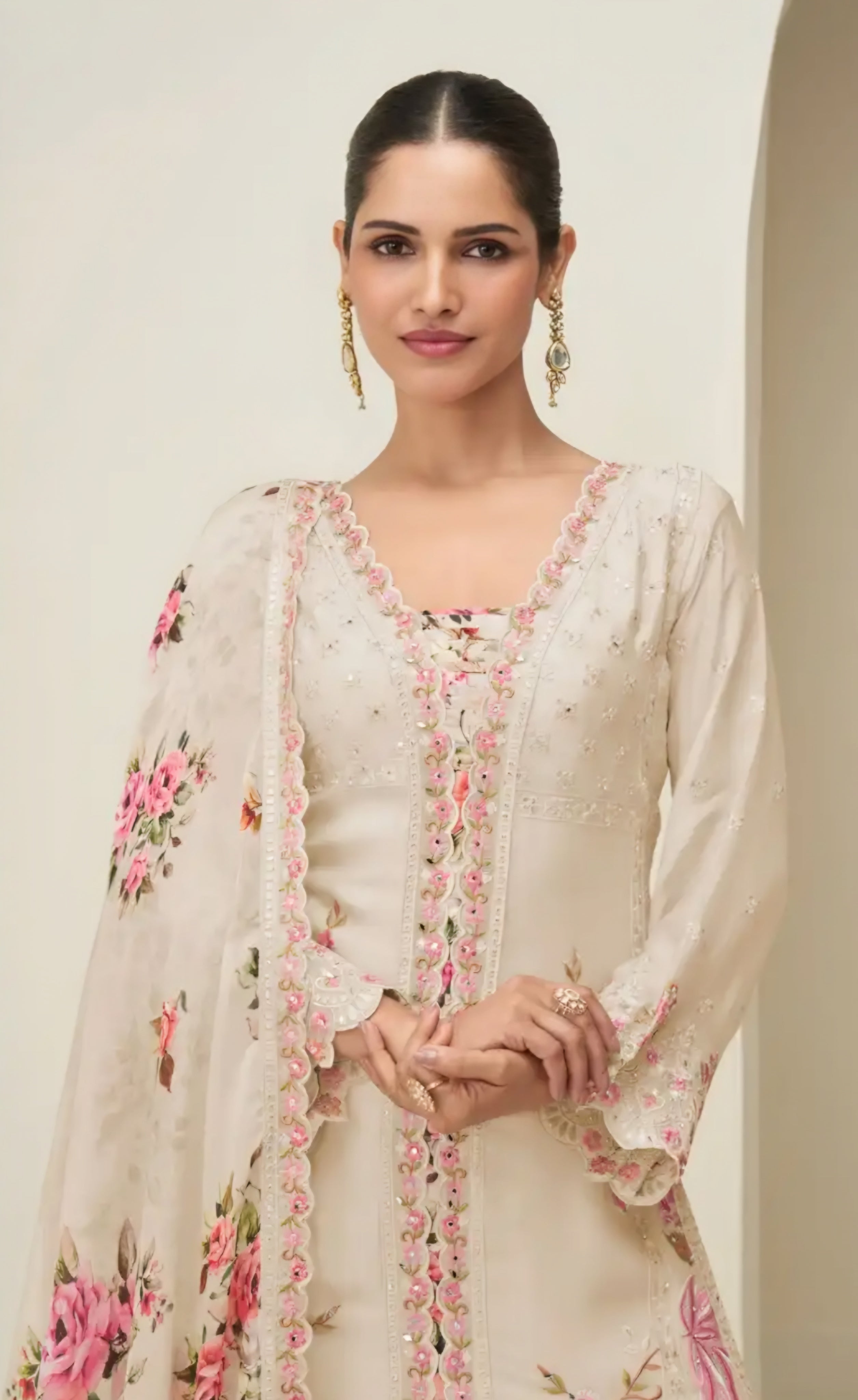 Beige Embroidered Chinon Silk Salwar Suit with Palazzo & Floral Dupatta
