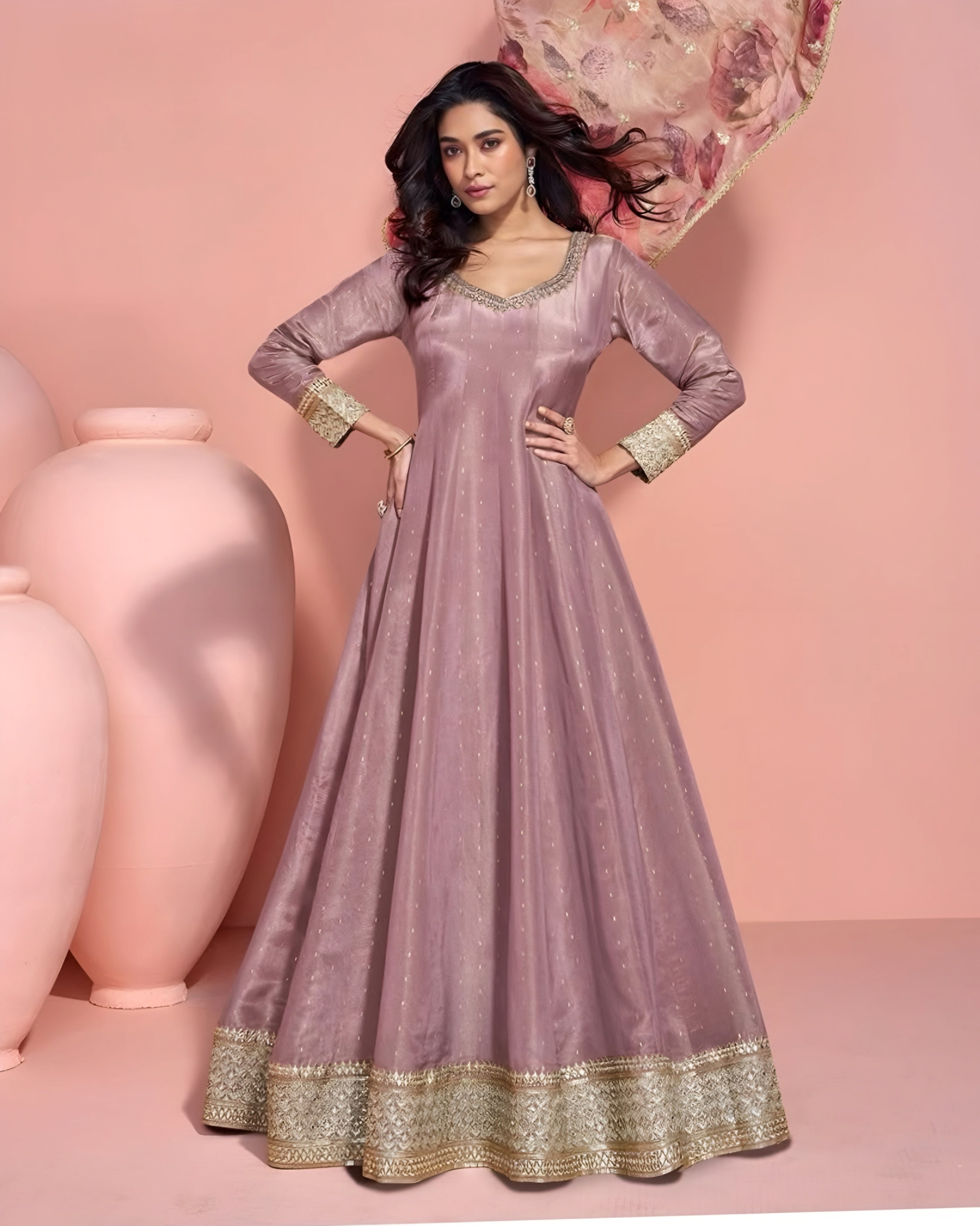 Close-up of digital floral organza dupatta with gold edge – Anarkali dress Australia