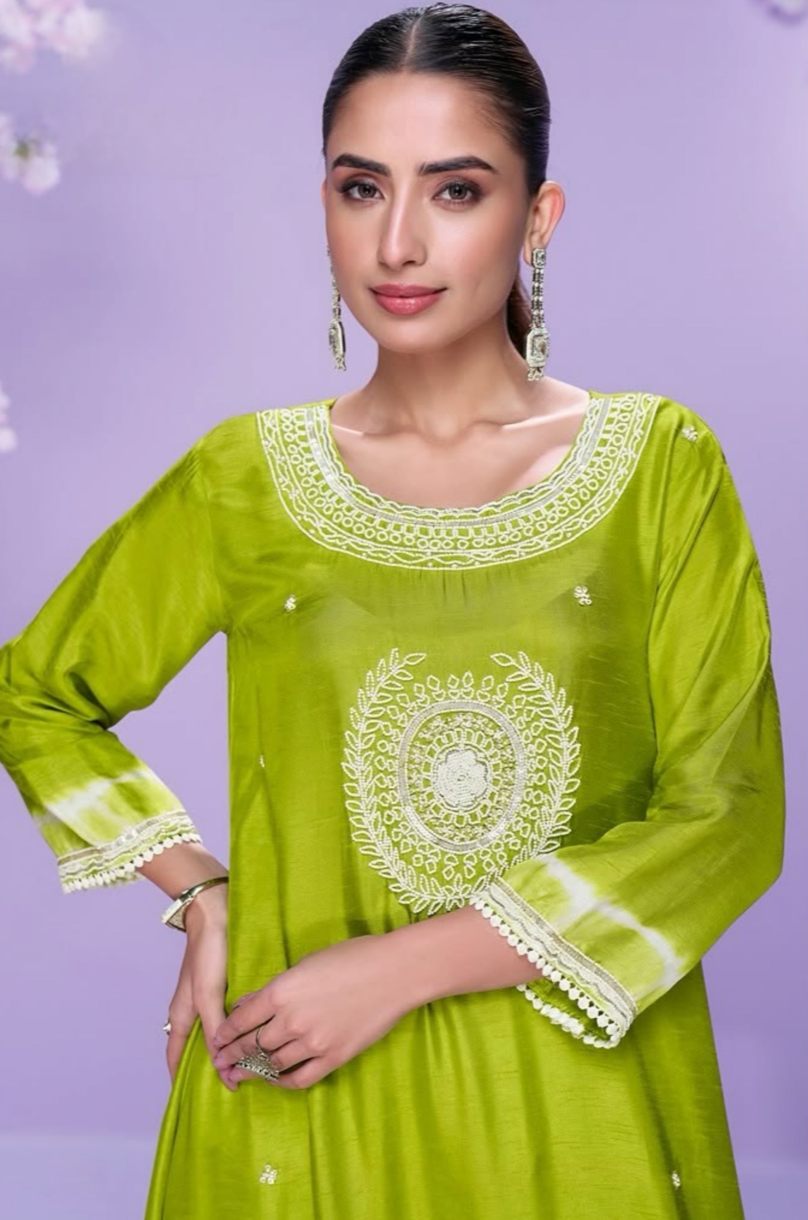 Premium Lime Green Silk Kurti Suit with Intricate Embroidery