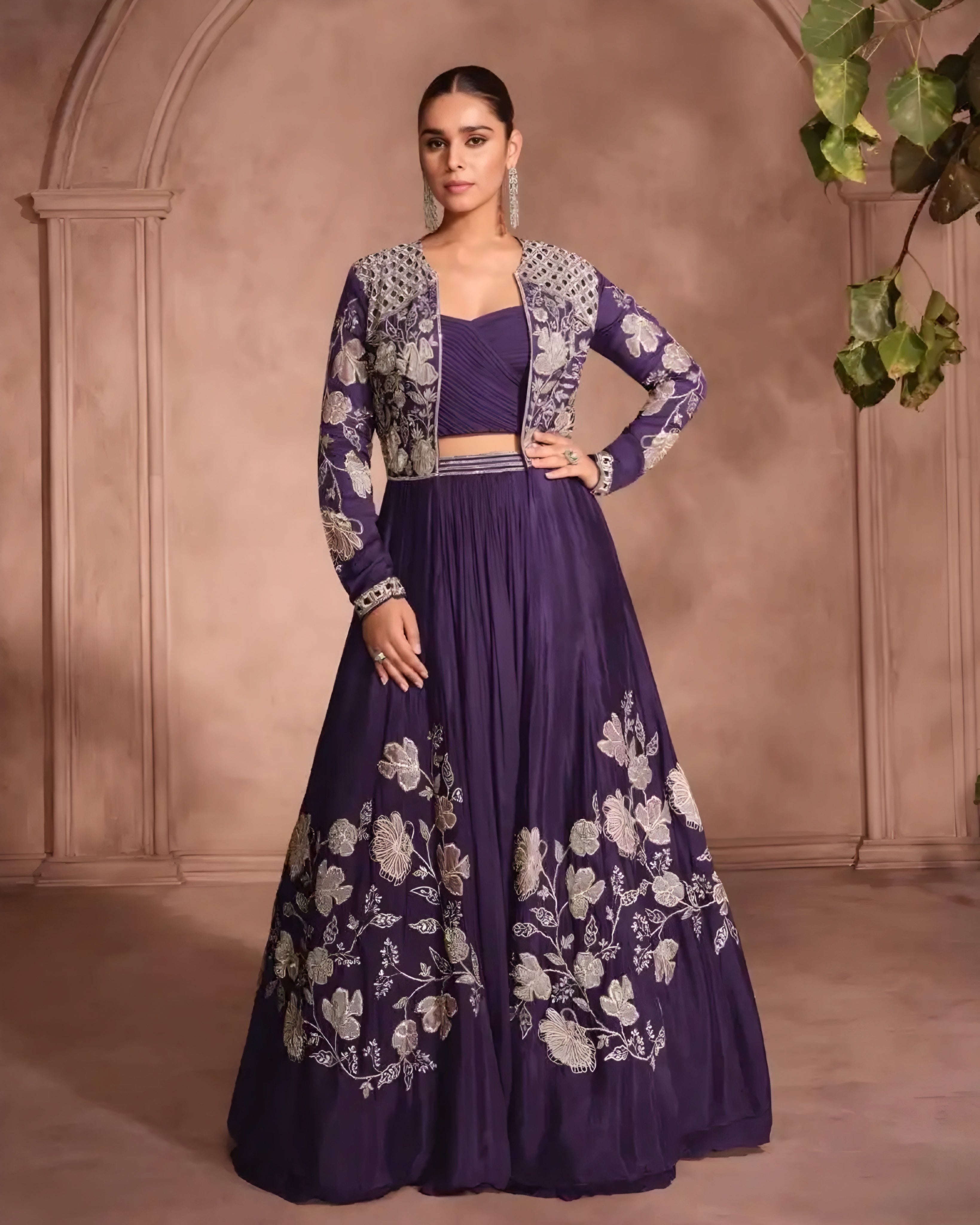 Premium Chinon Silk Embroidered Indo western Lehenga with Shrug