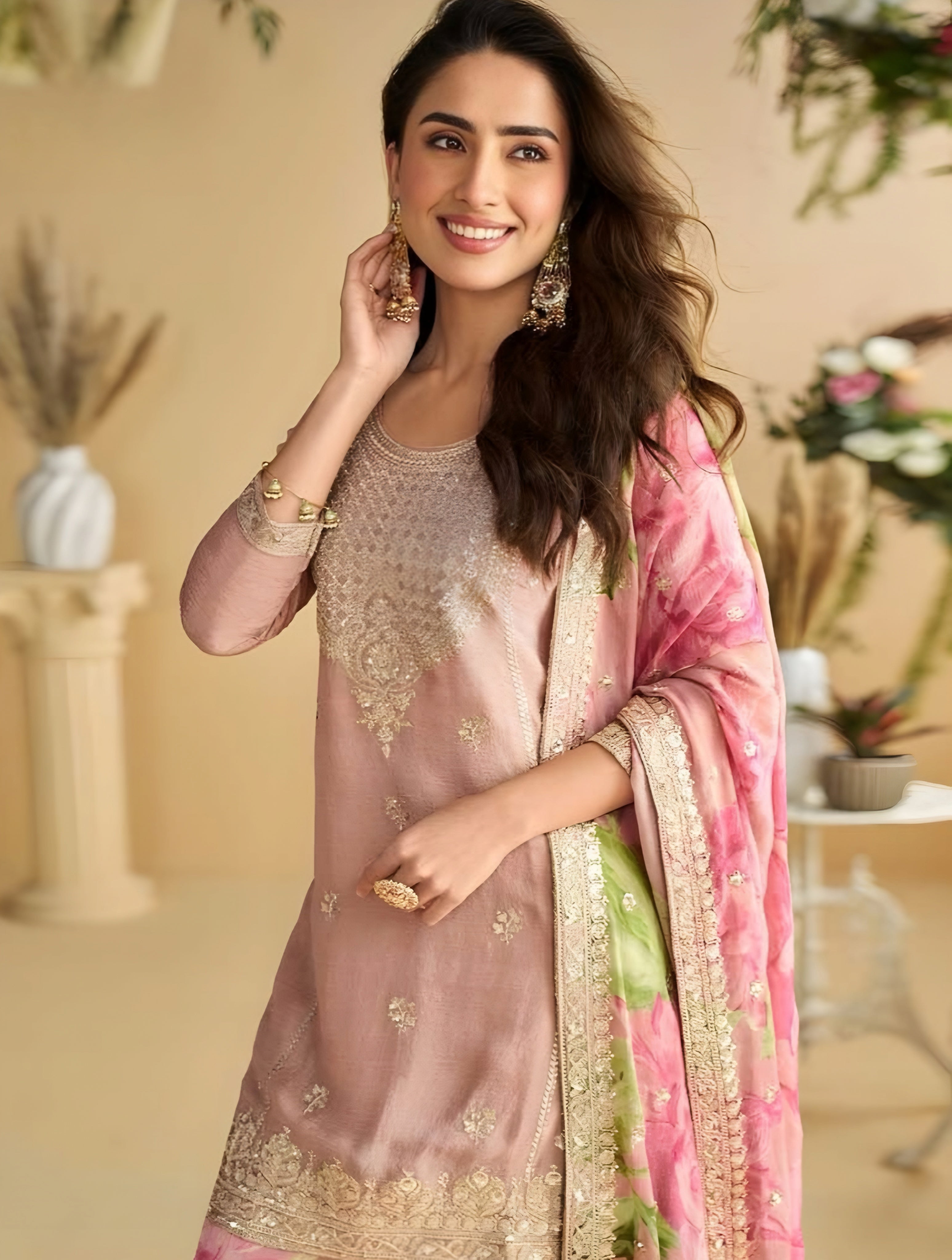 Pink Chinon Silk Sharara Suits