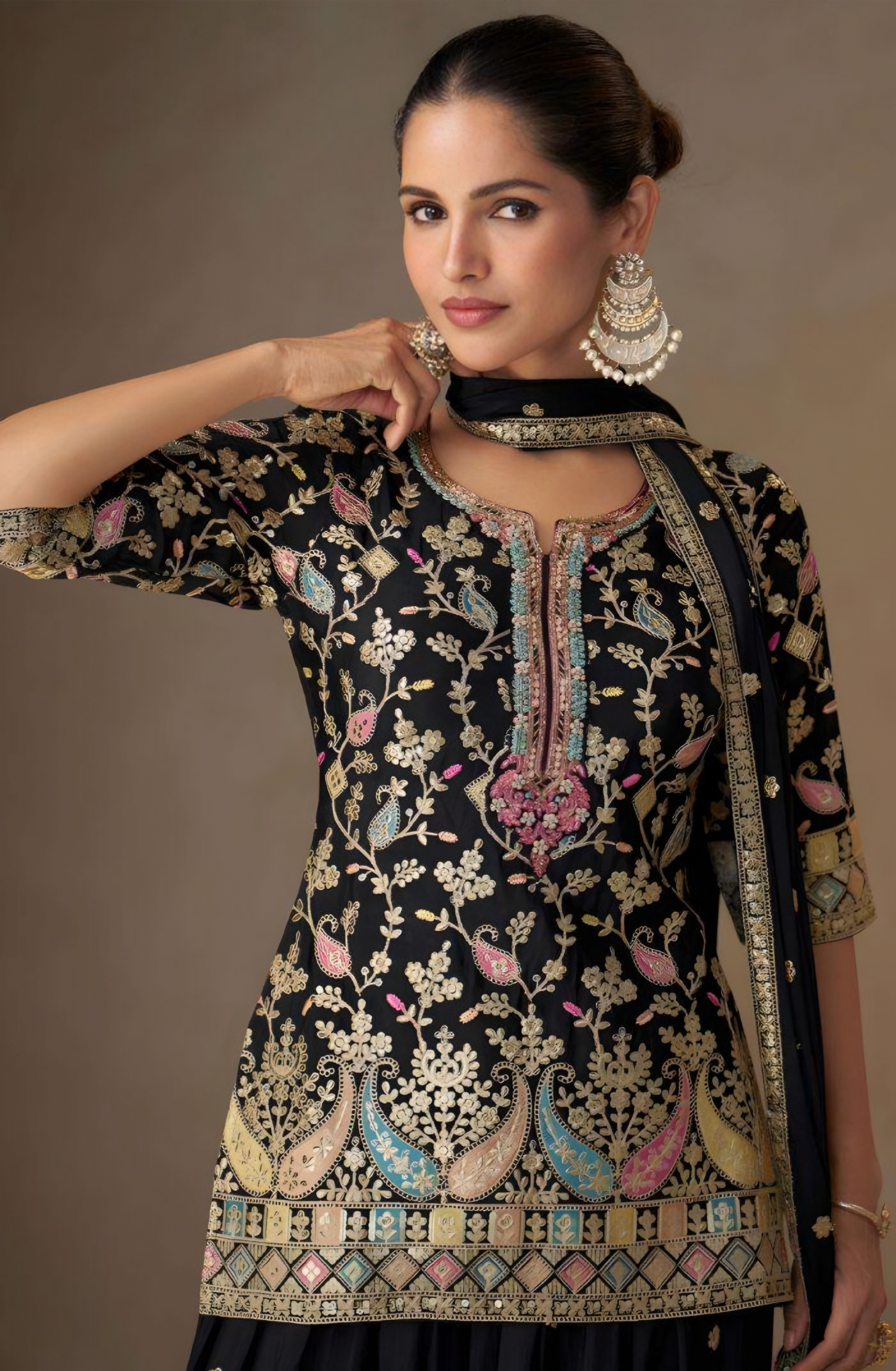 Chinon Silk Embroidered Sharara Suits Black