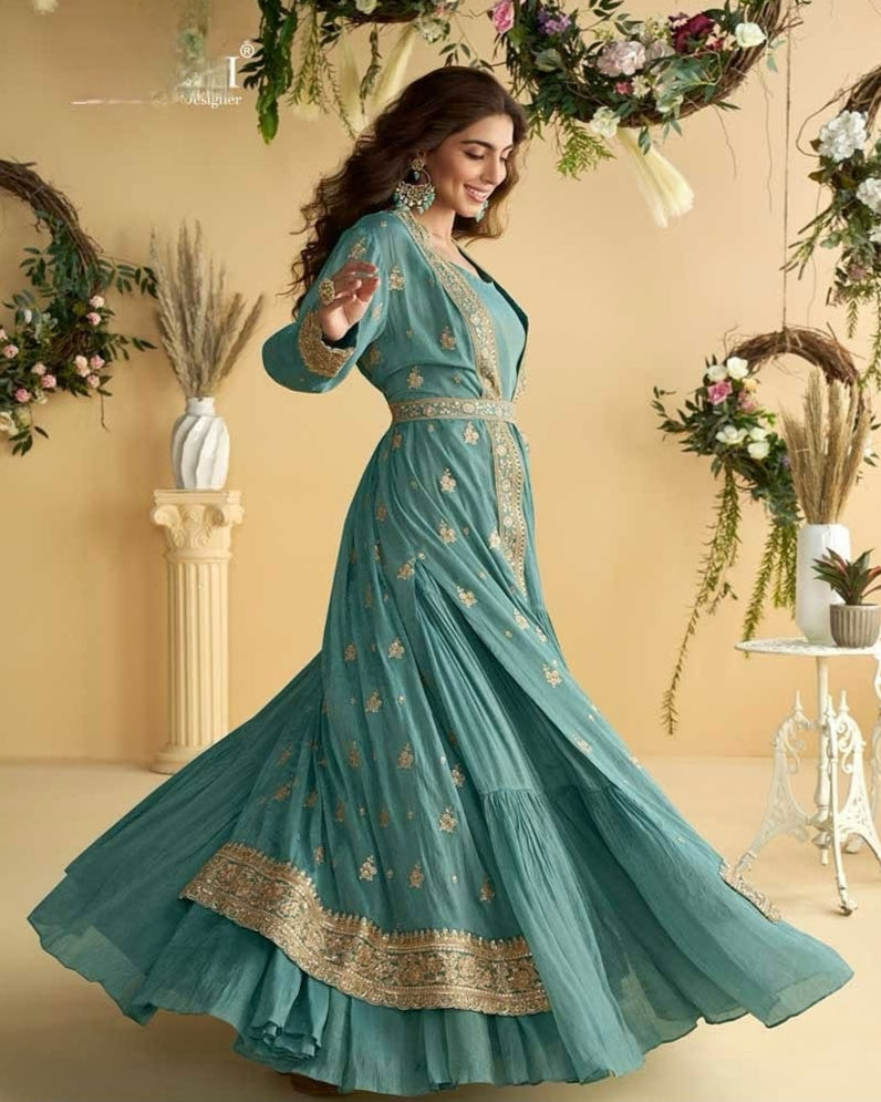 Turquoise Green Chinon Silk Embroidered Indo western Gown with Shrug