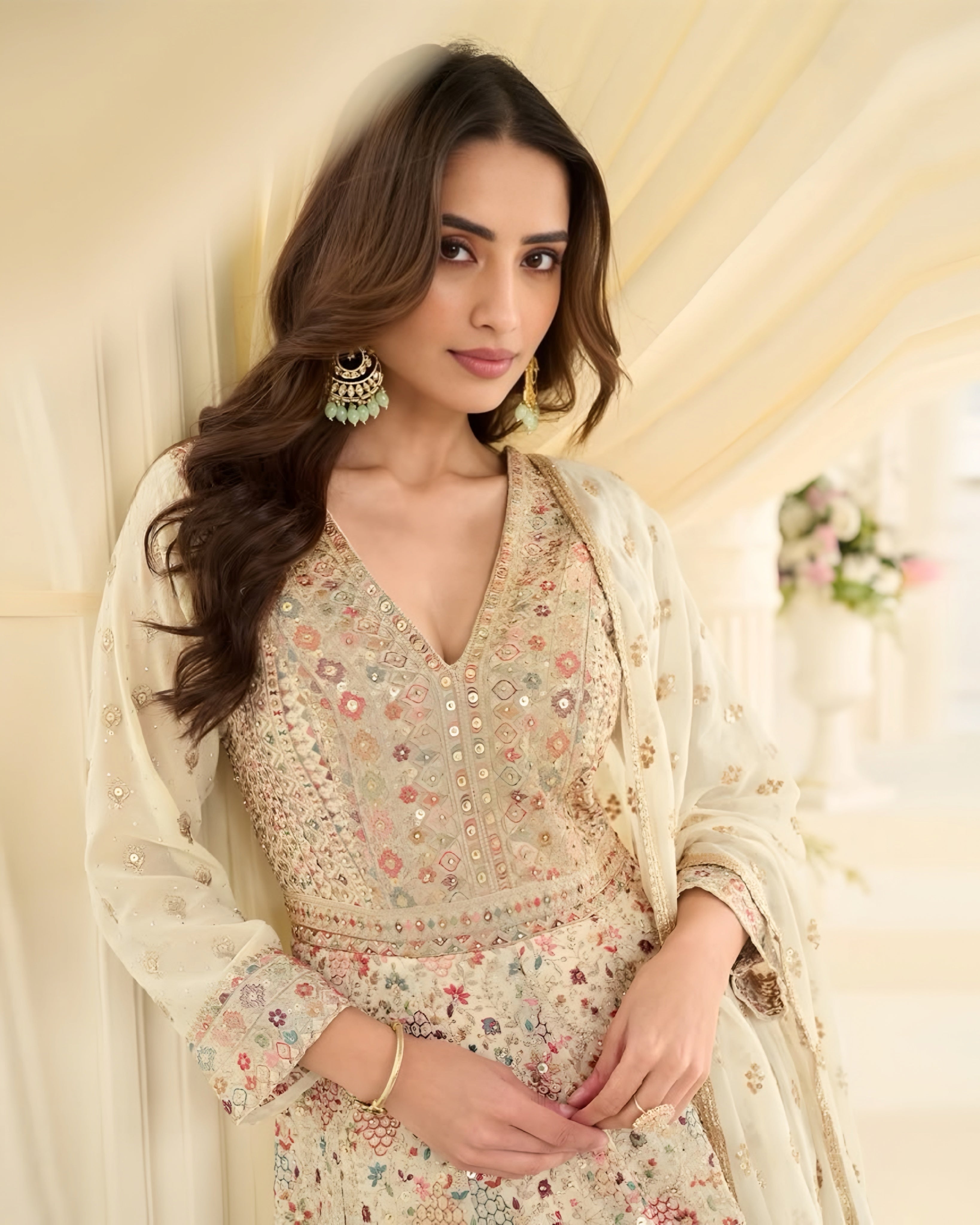 White Georgette Zarkan Embroidered Anarkali Gown with Dupatta