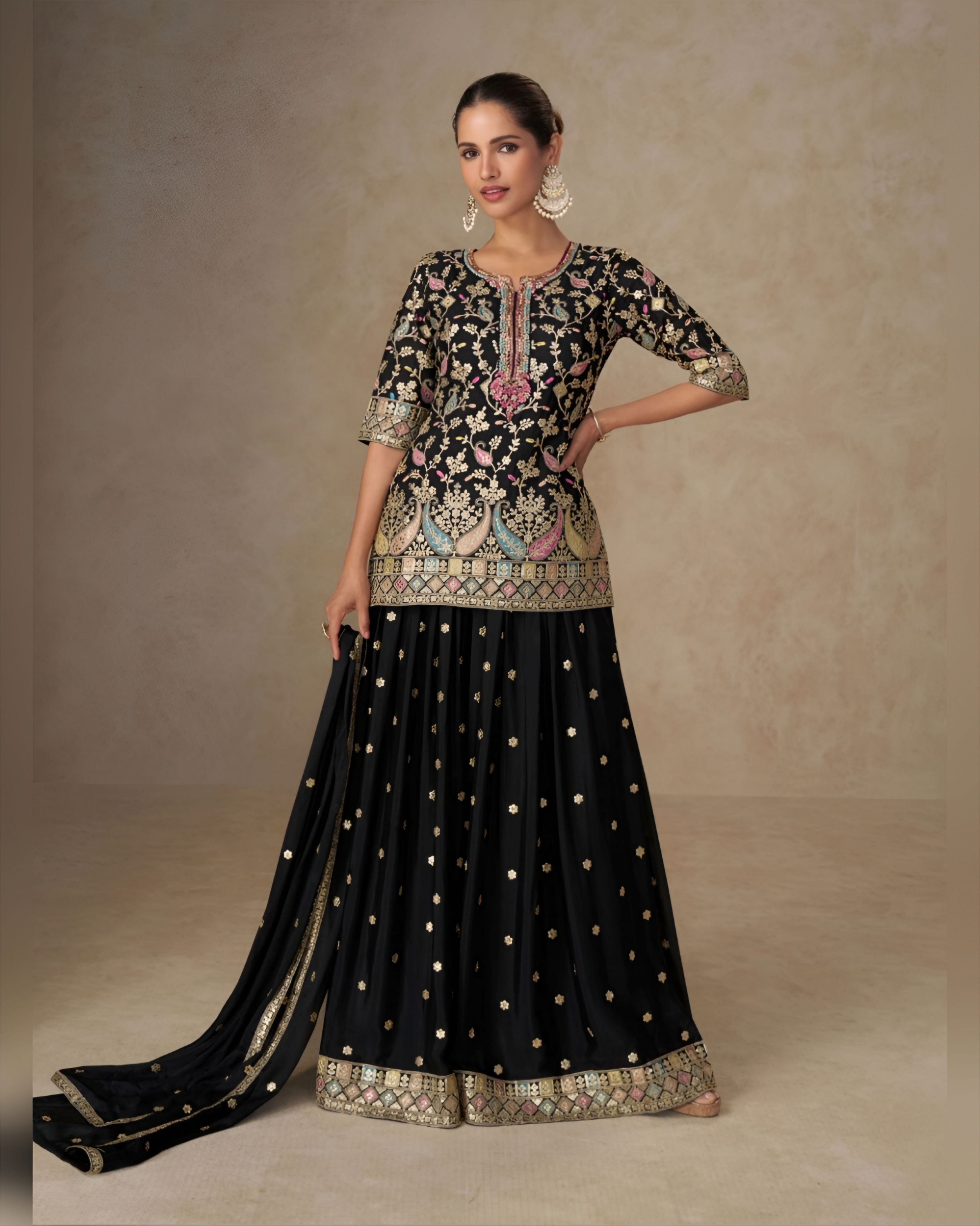 Chinon Silk Embroidered Sharara Suits Black