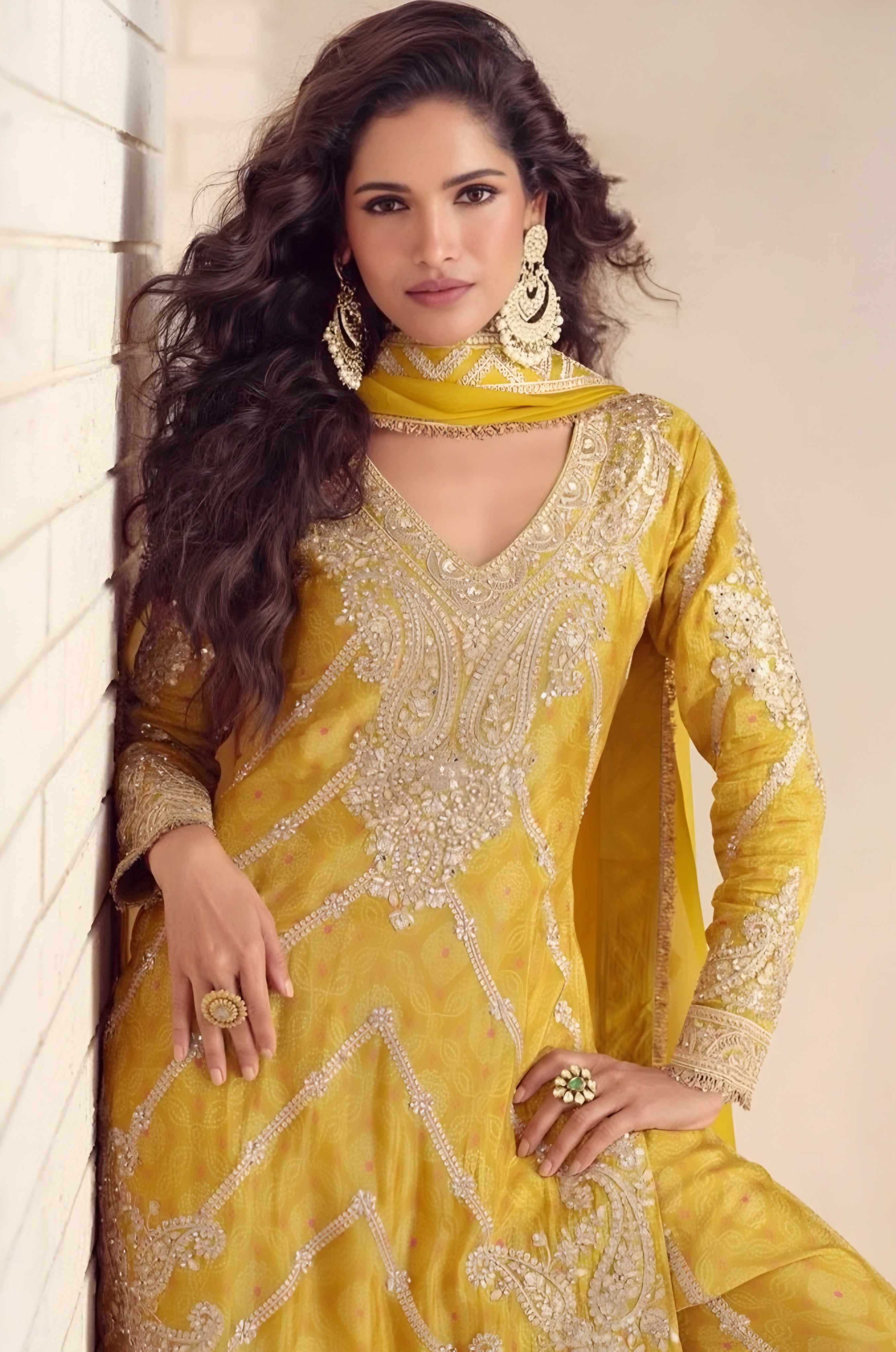 Bright Yellow Embroidered Salwar Suit with Sharara & Dupatta