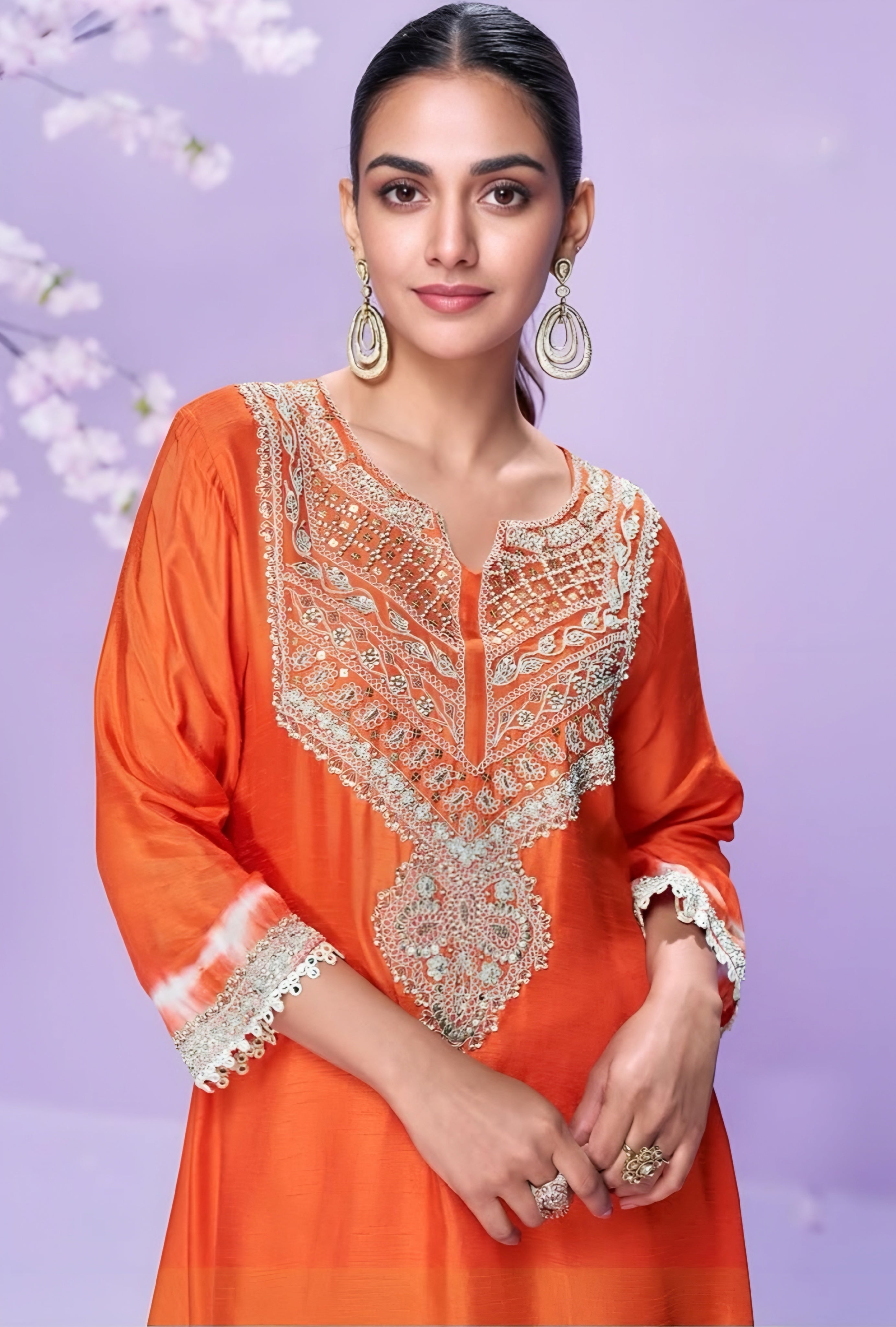 Premium Orange Silk Kurti Suit with Intricate Embroidery