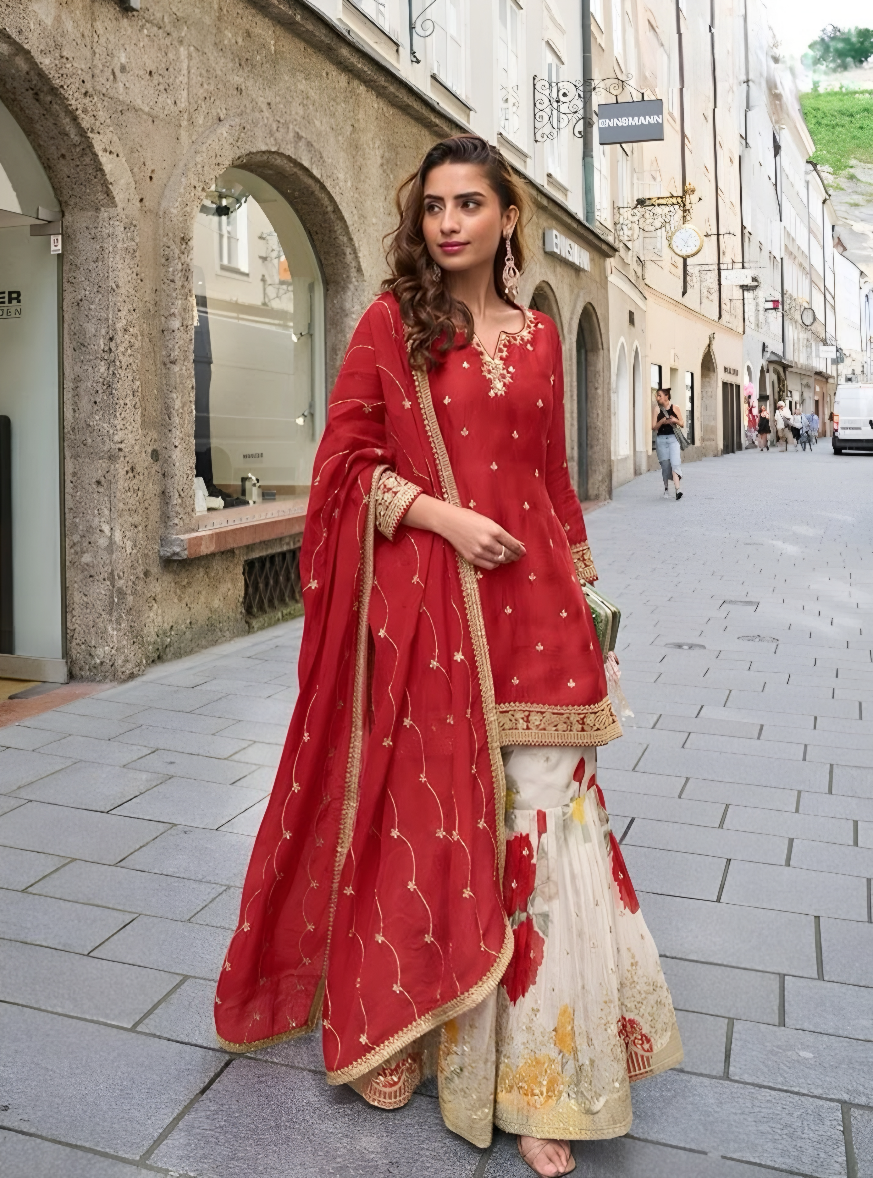 Real Chinon Floral Digital Print Salwar Suits Red