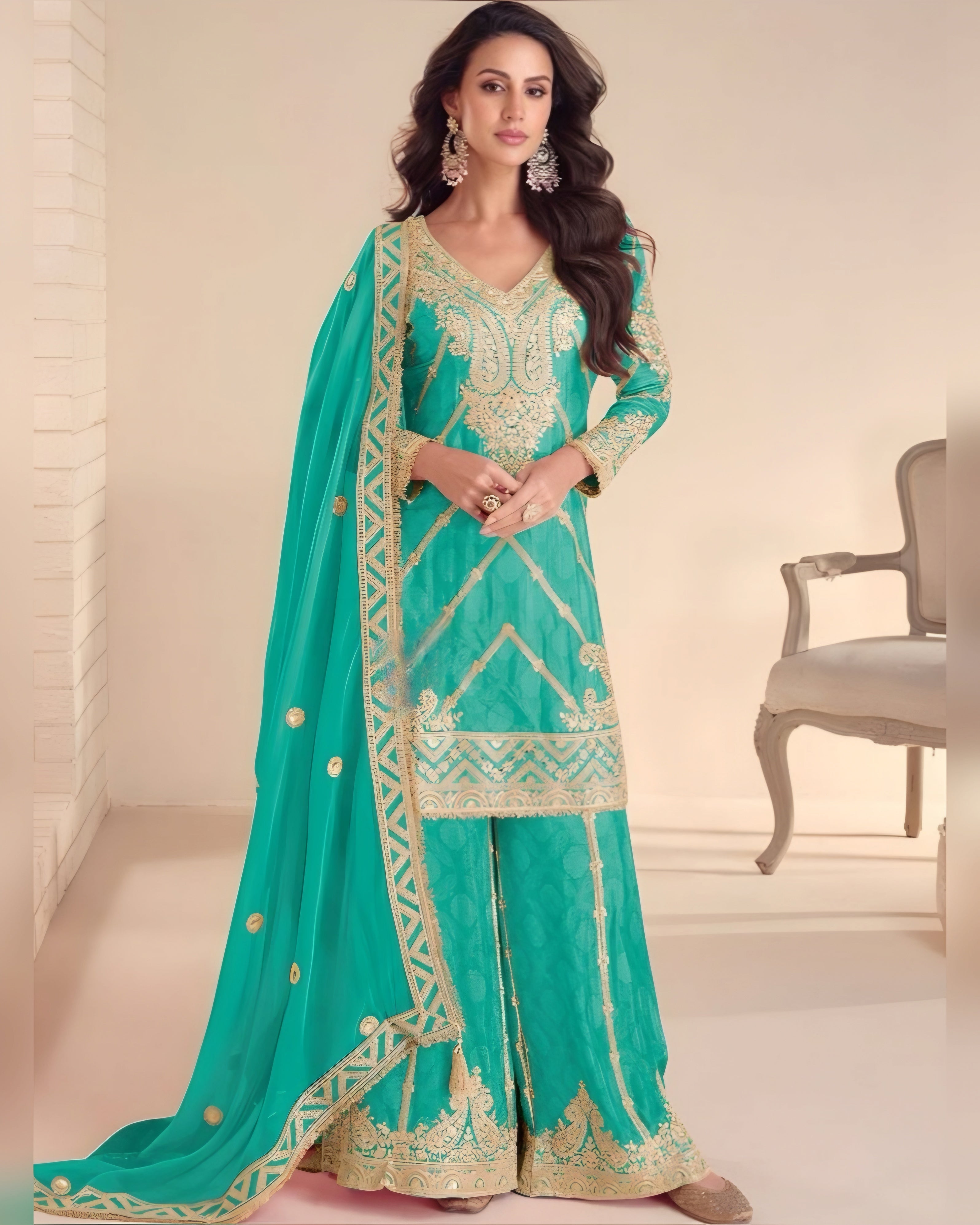 Green Embroidered Chinon Silk Palazzo Suits