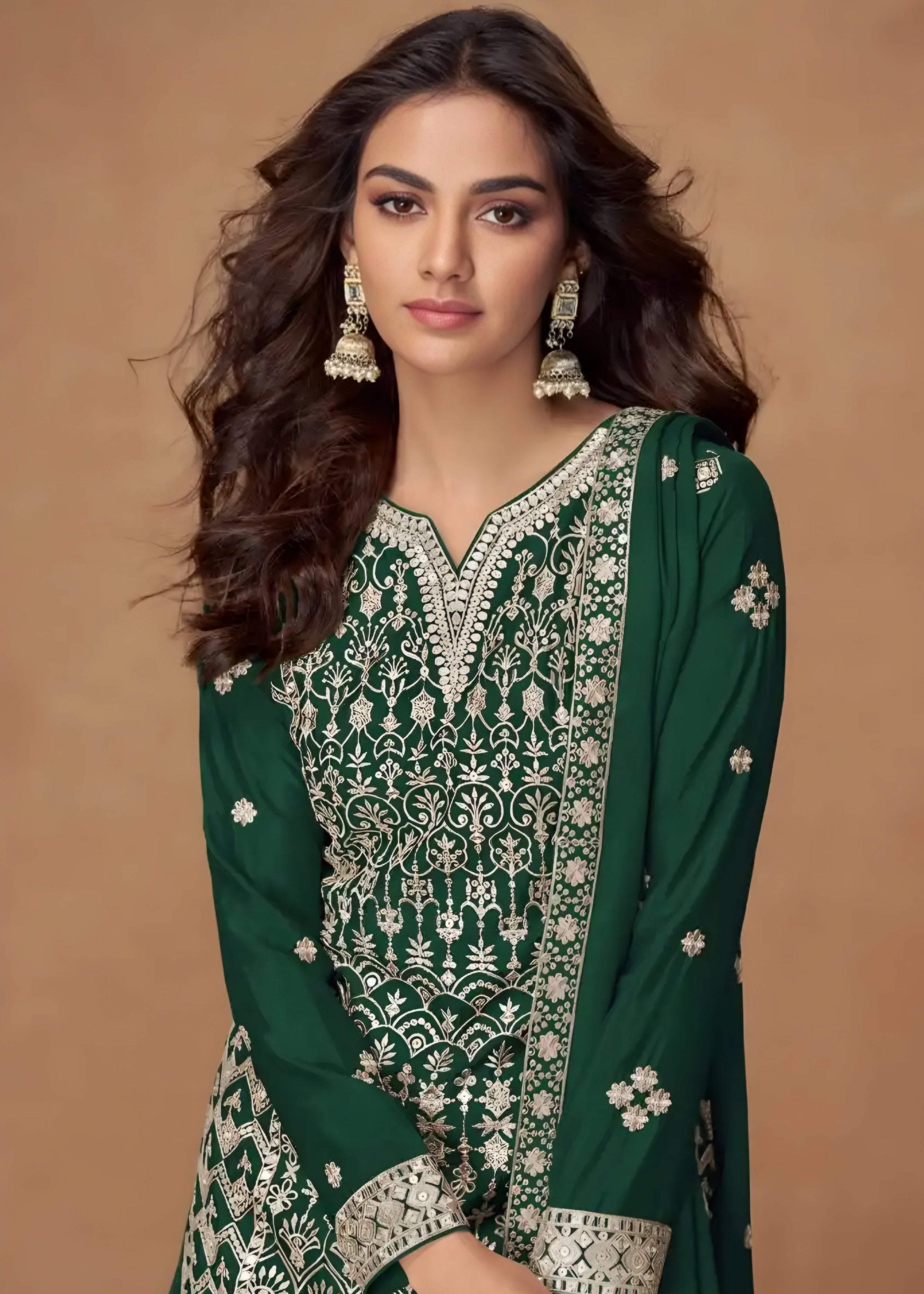 Embroidered Chinon Silk Palazzo Suits Green
