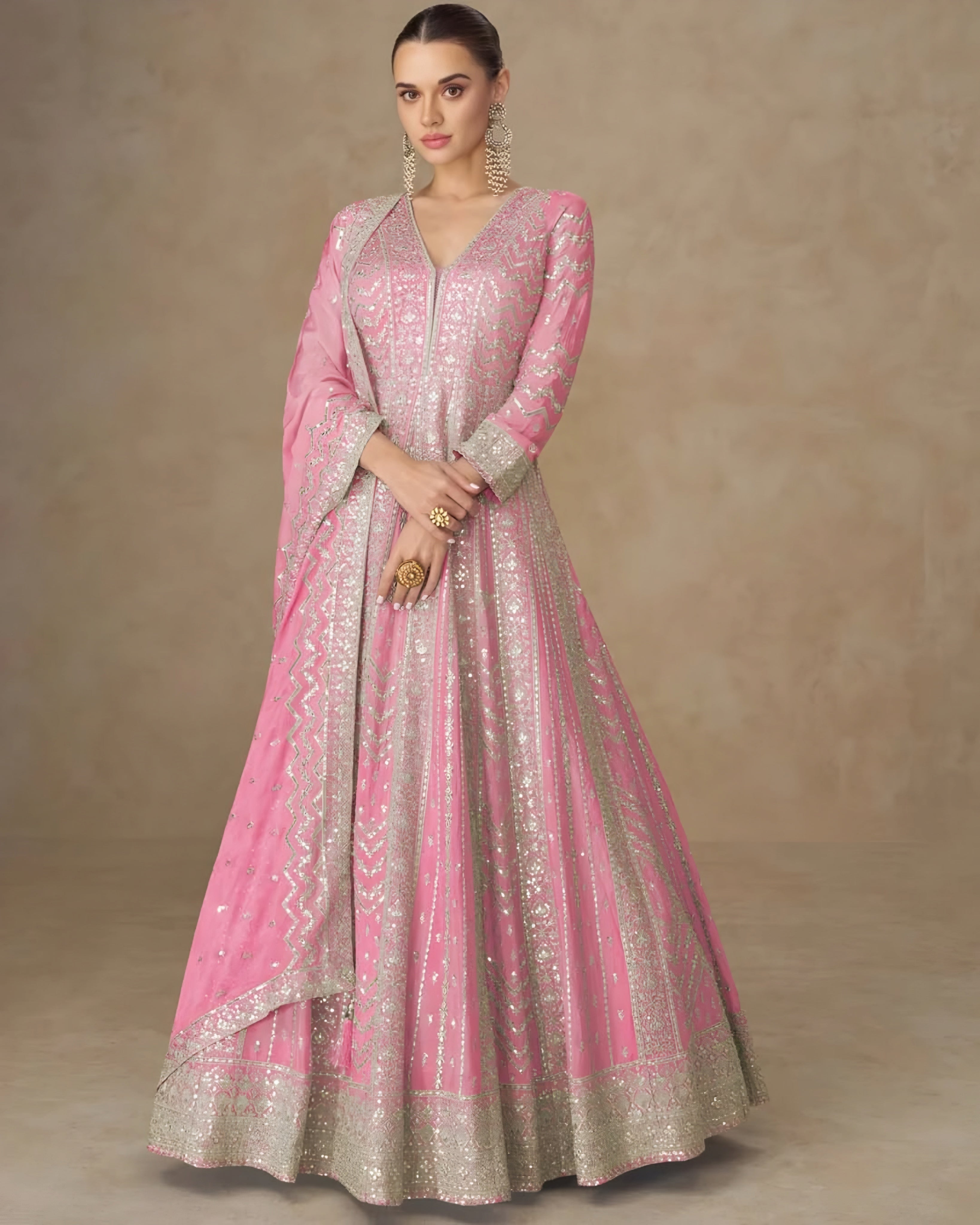 Premium Chinon Silk Embroidered Designer Anarkali Gown Pink