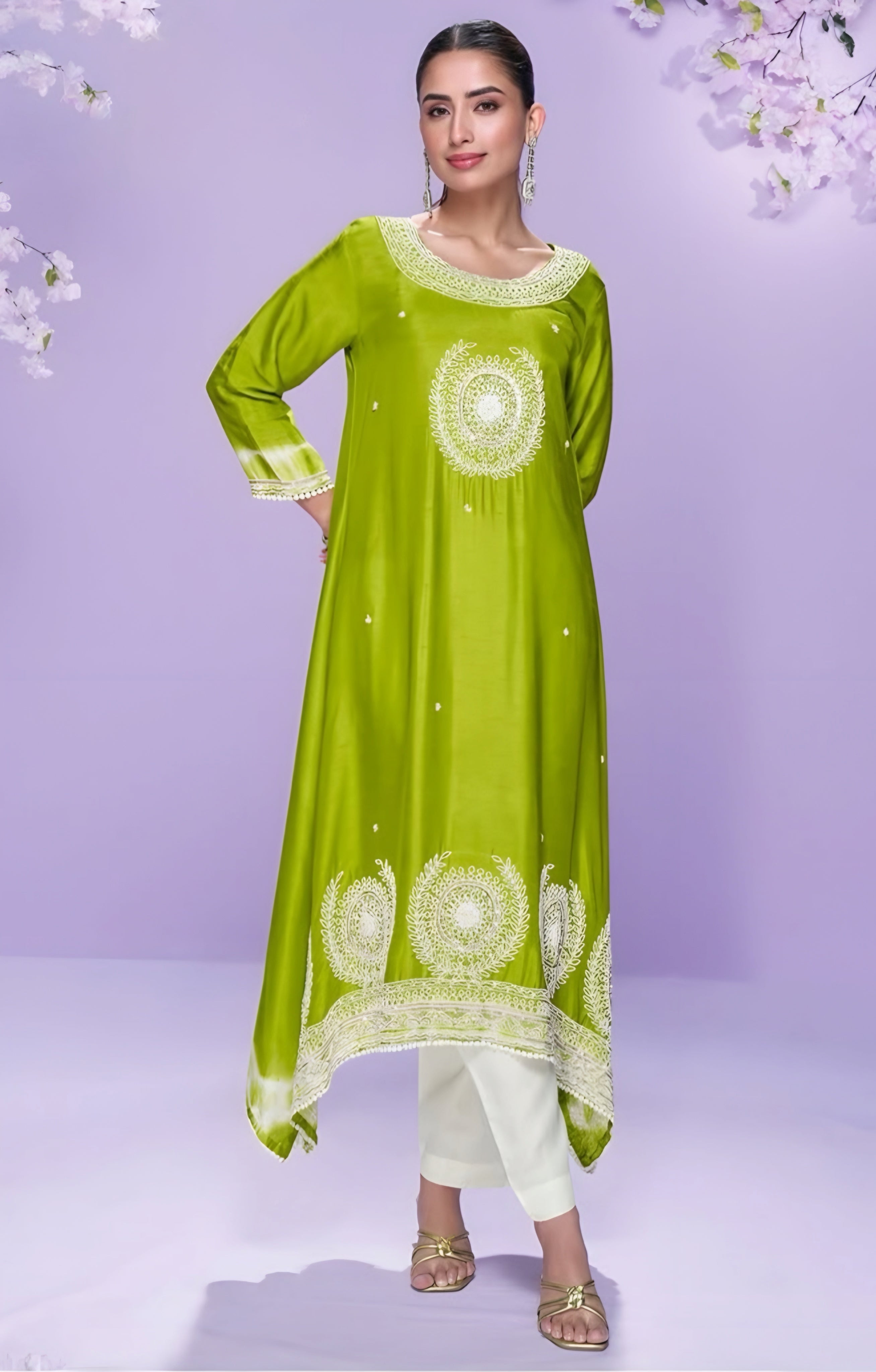 Premium Lime Green Silk Kurti Suit with Intricate Embroidery