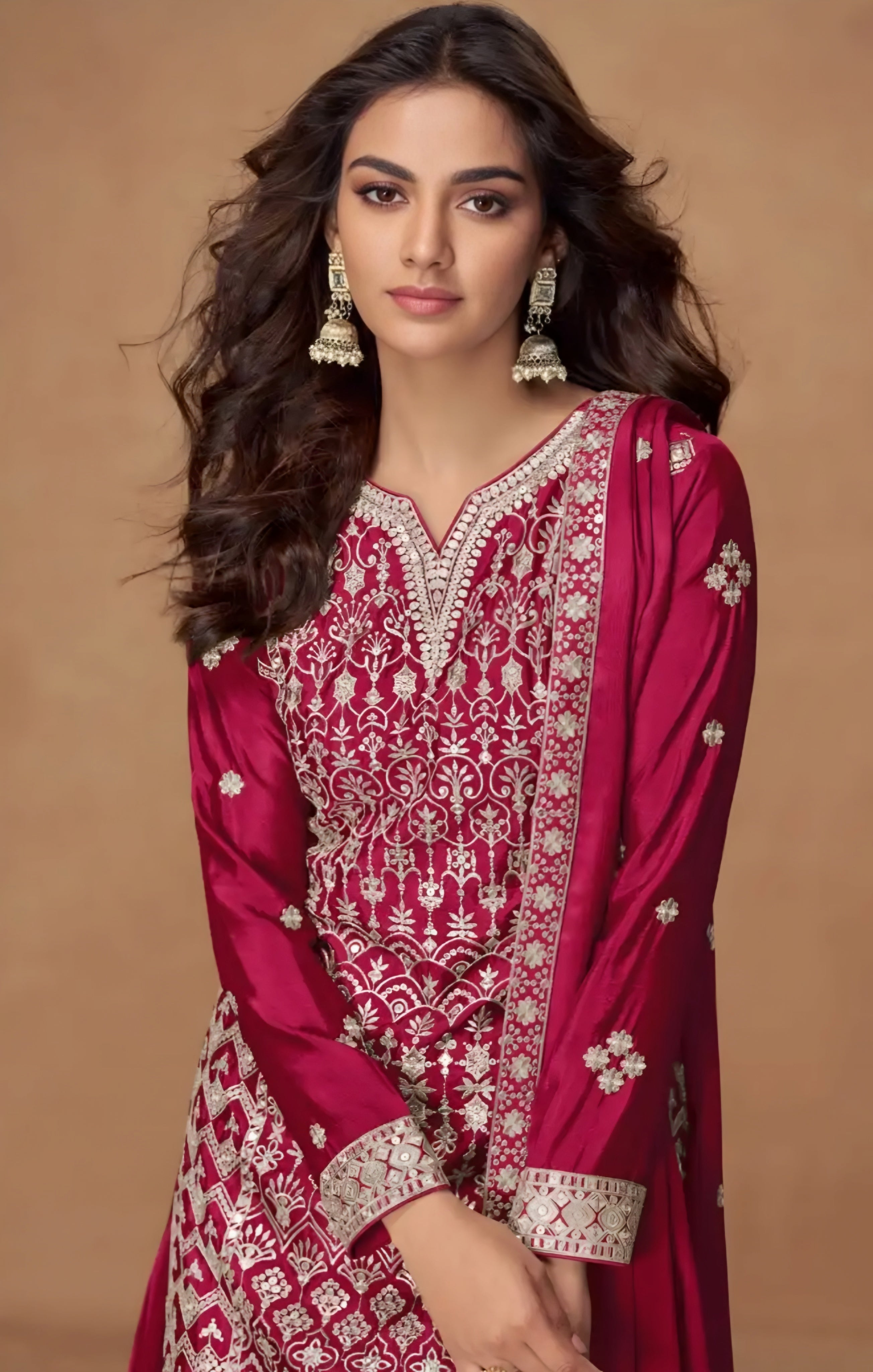 Embroidered Chinon Silk Palazzo Suits Pink