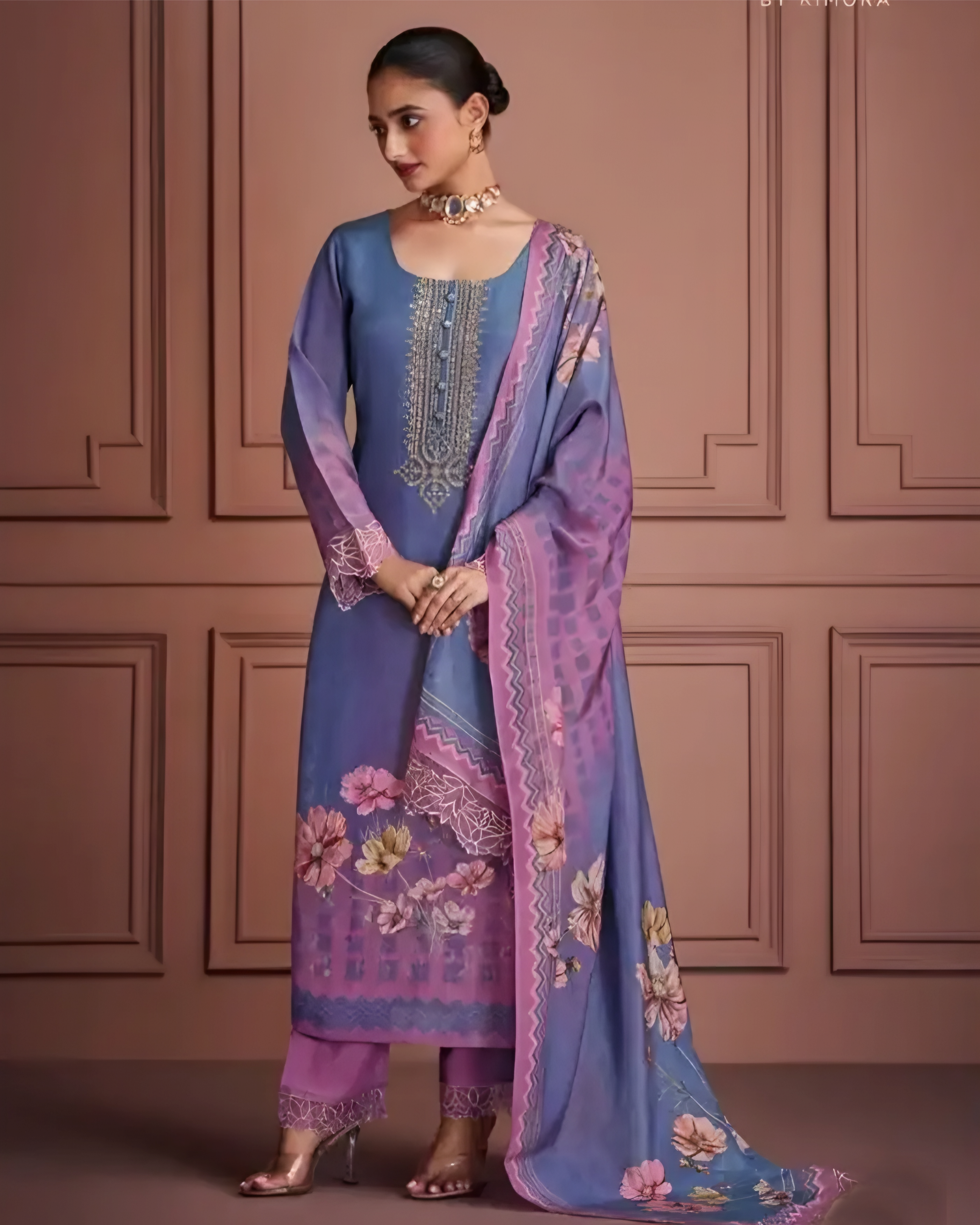 Lavender Blue & Pink Floral Muslin Salwar Suit with Zari Embroidery and Digital Printed Dupatta