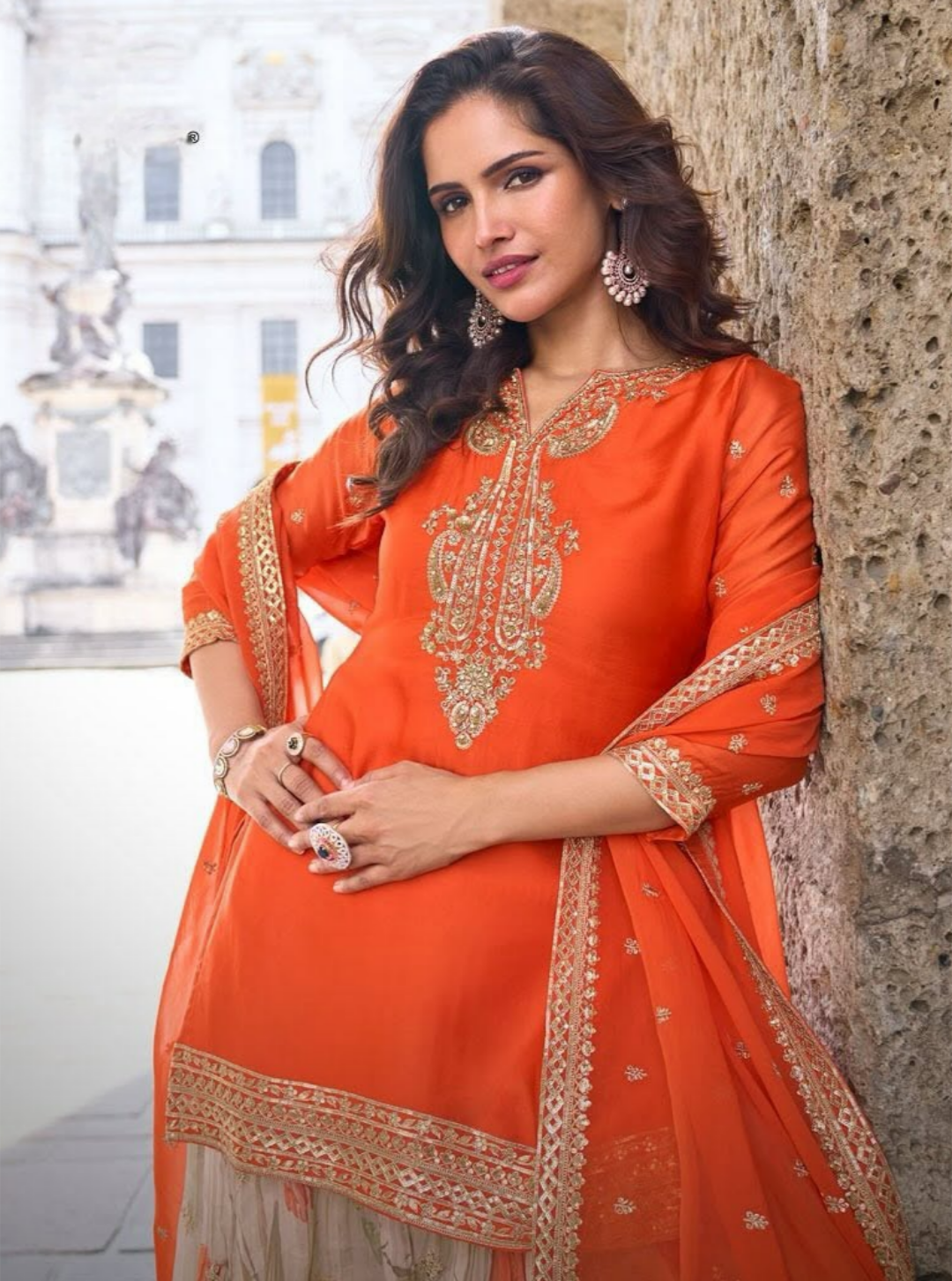 Real Chinon Floral Digital Print Salwar Suits orange