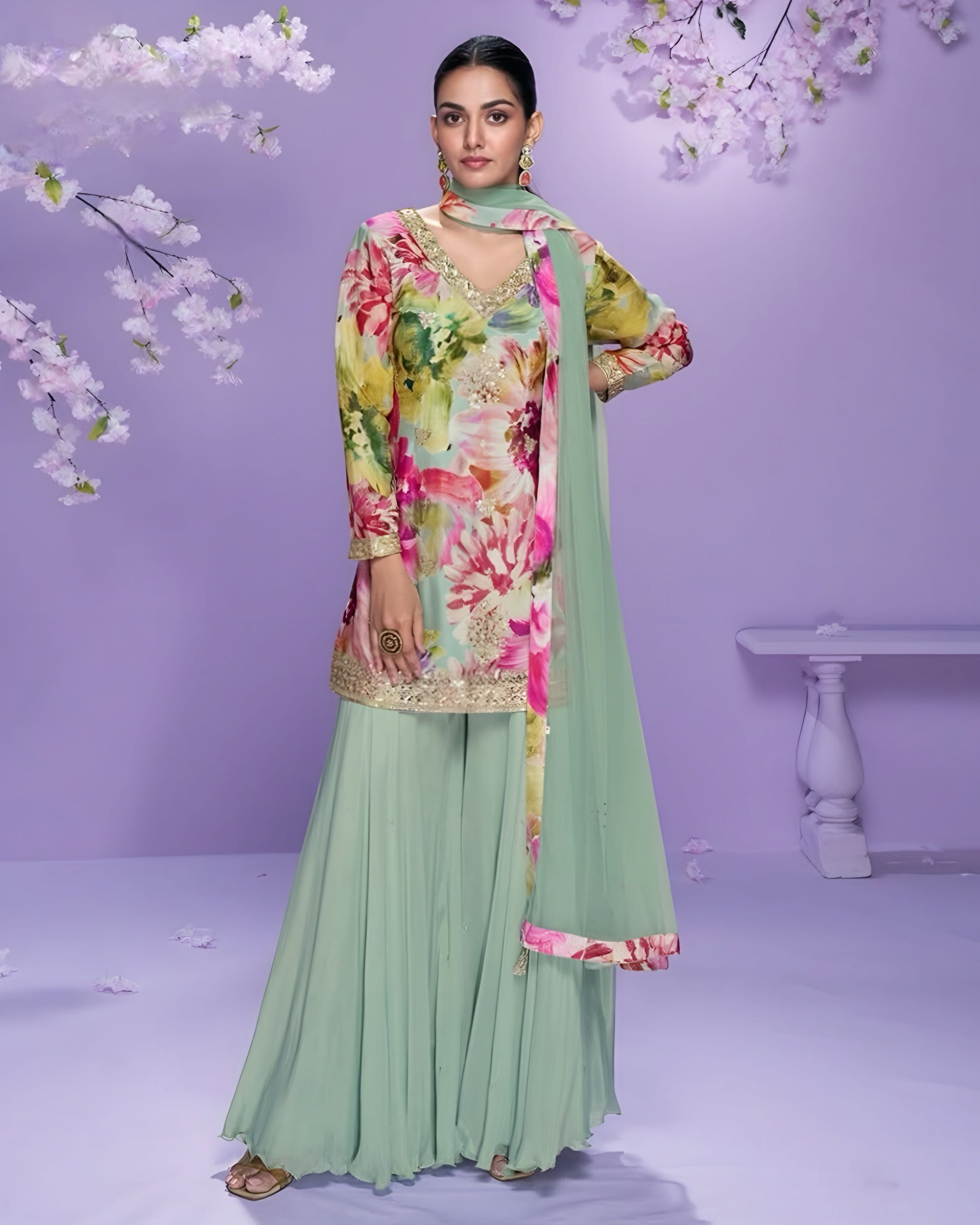 Floral Chinon Silk Salwar Suit – Mint Green Palazzo Set