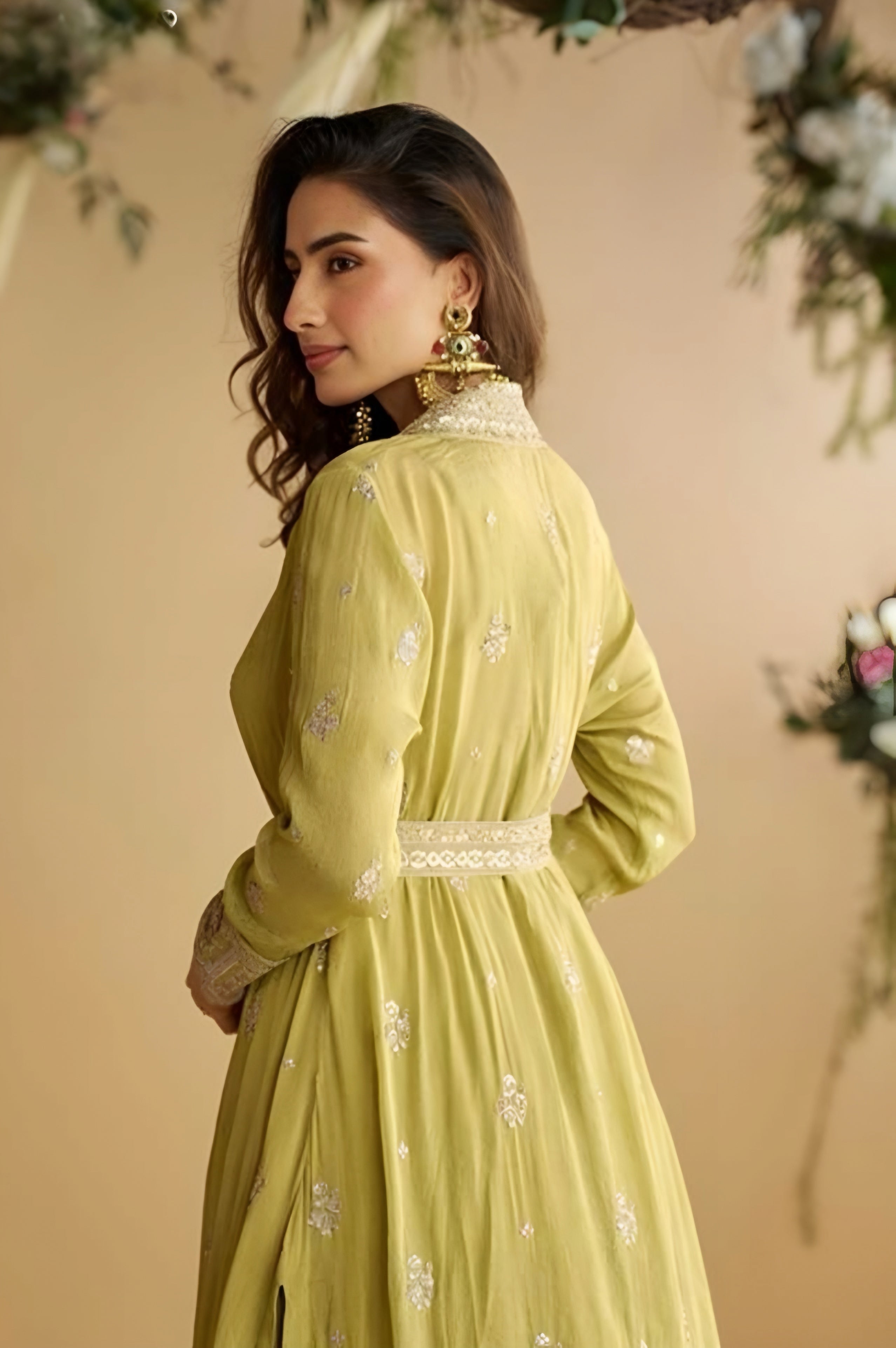 Elegant Olive Green Chinon Silk Embroidered Indo western Gown with Shrug