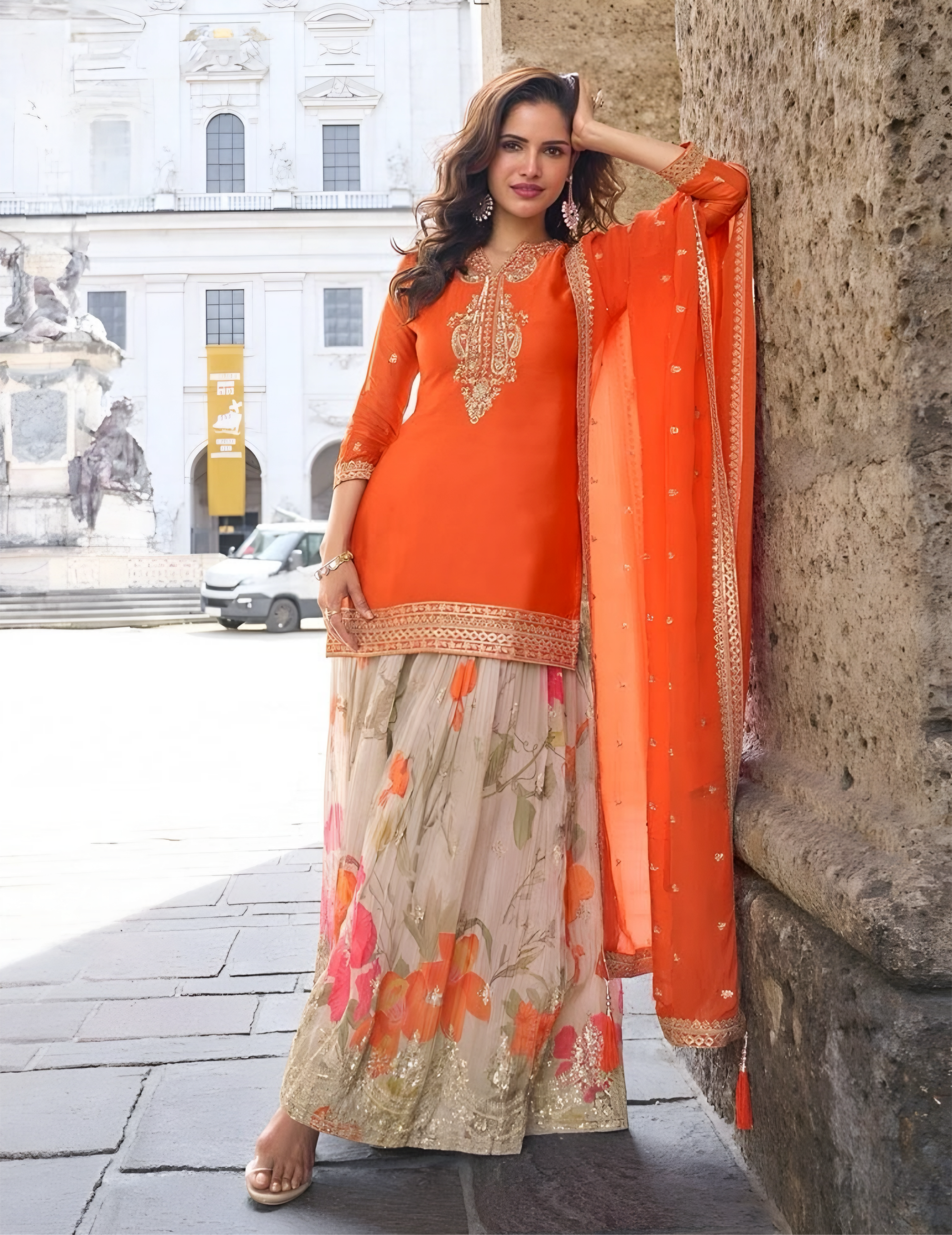 Real Chinon Floral Digital Print Salwar Suits orange