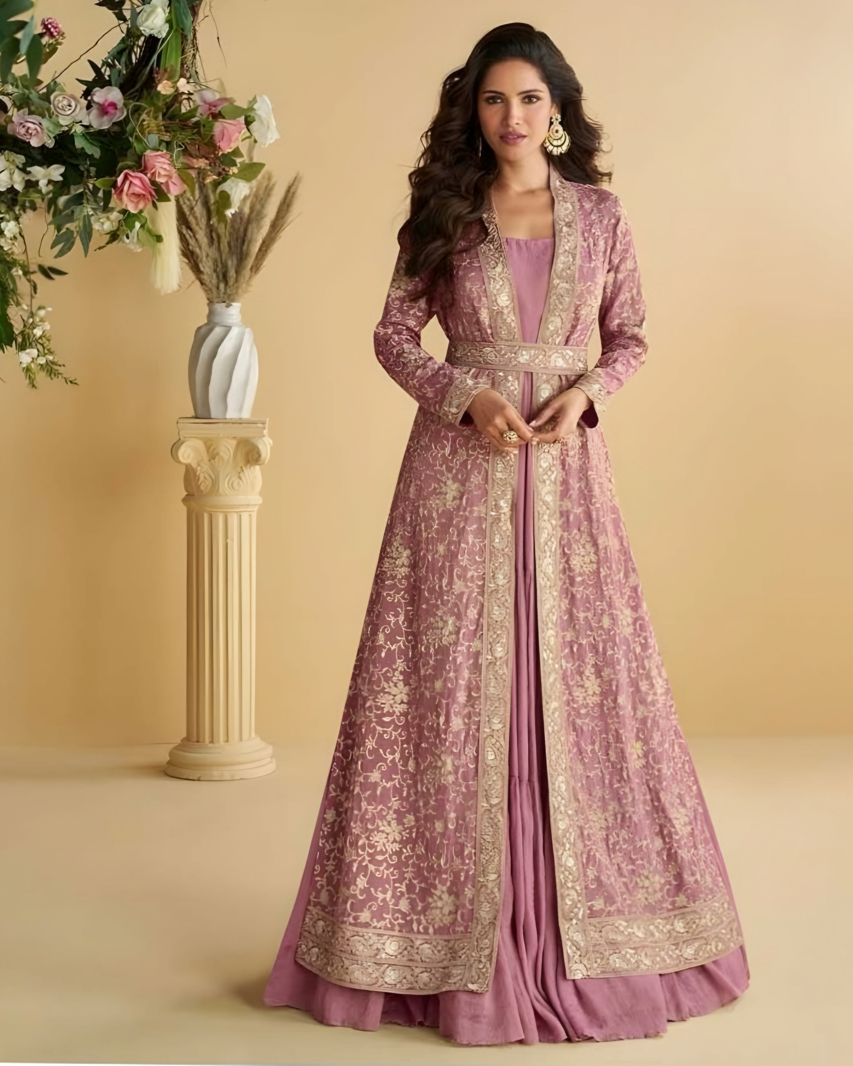 Mauve Pink Chinon Silk Embroidered Indo western Gown with Shrug