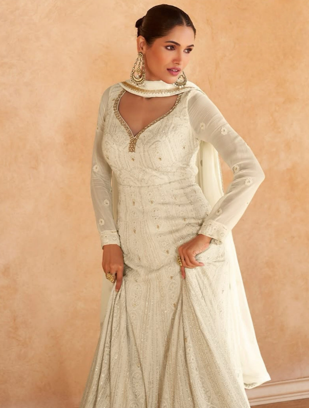 Ivory Georgette Embroidered Anarkali Gown