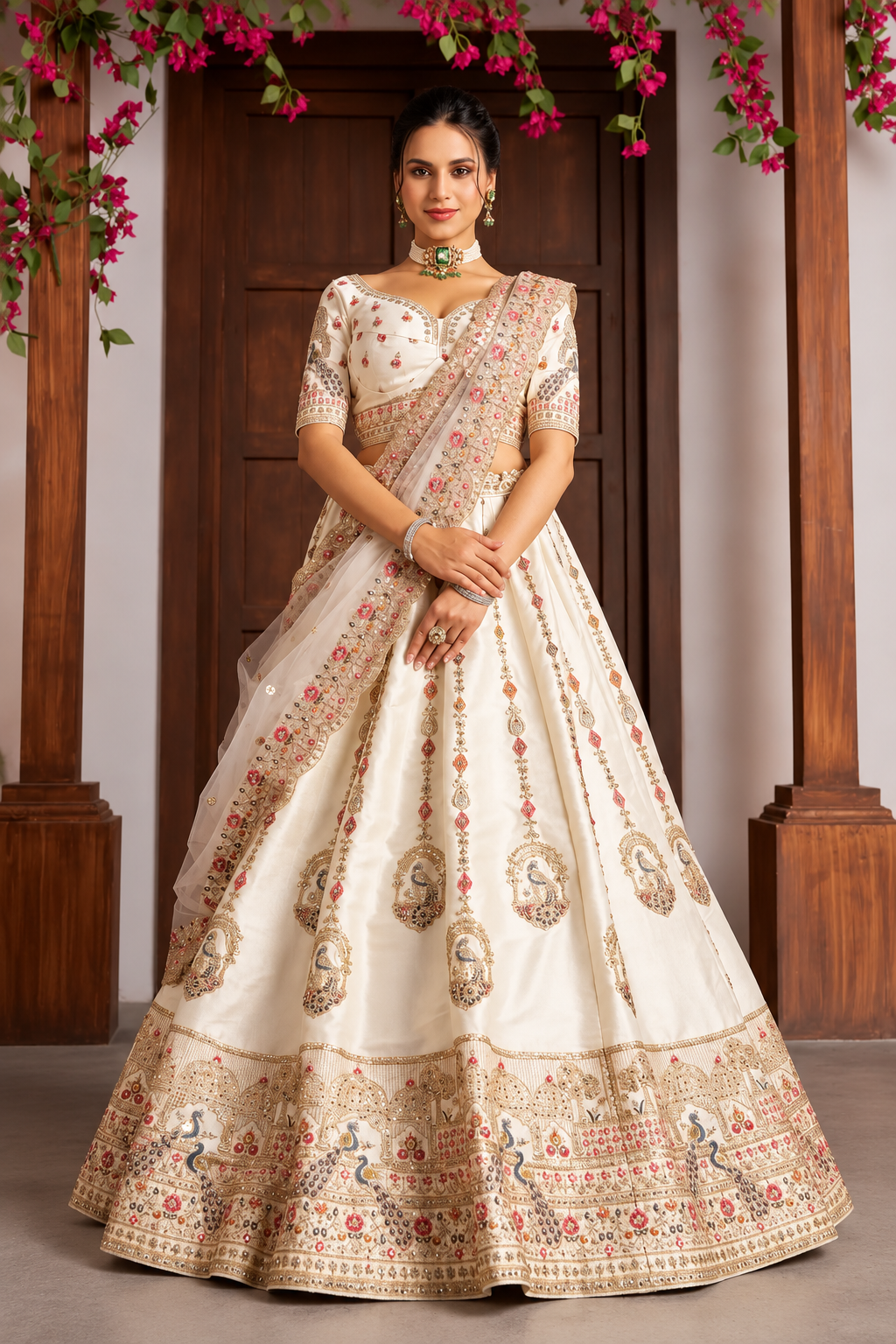 Ivory peacock embroidered festive wear lehenga - Sakhi Fashions