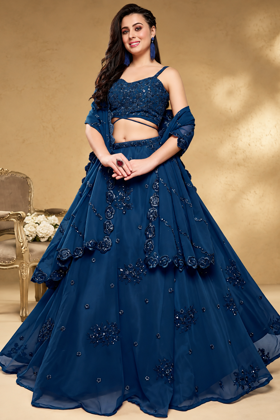 Navy blue sequin embroidered partywear lehenga - Sakhi Fashions