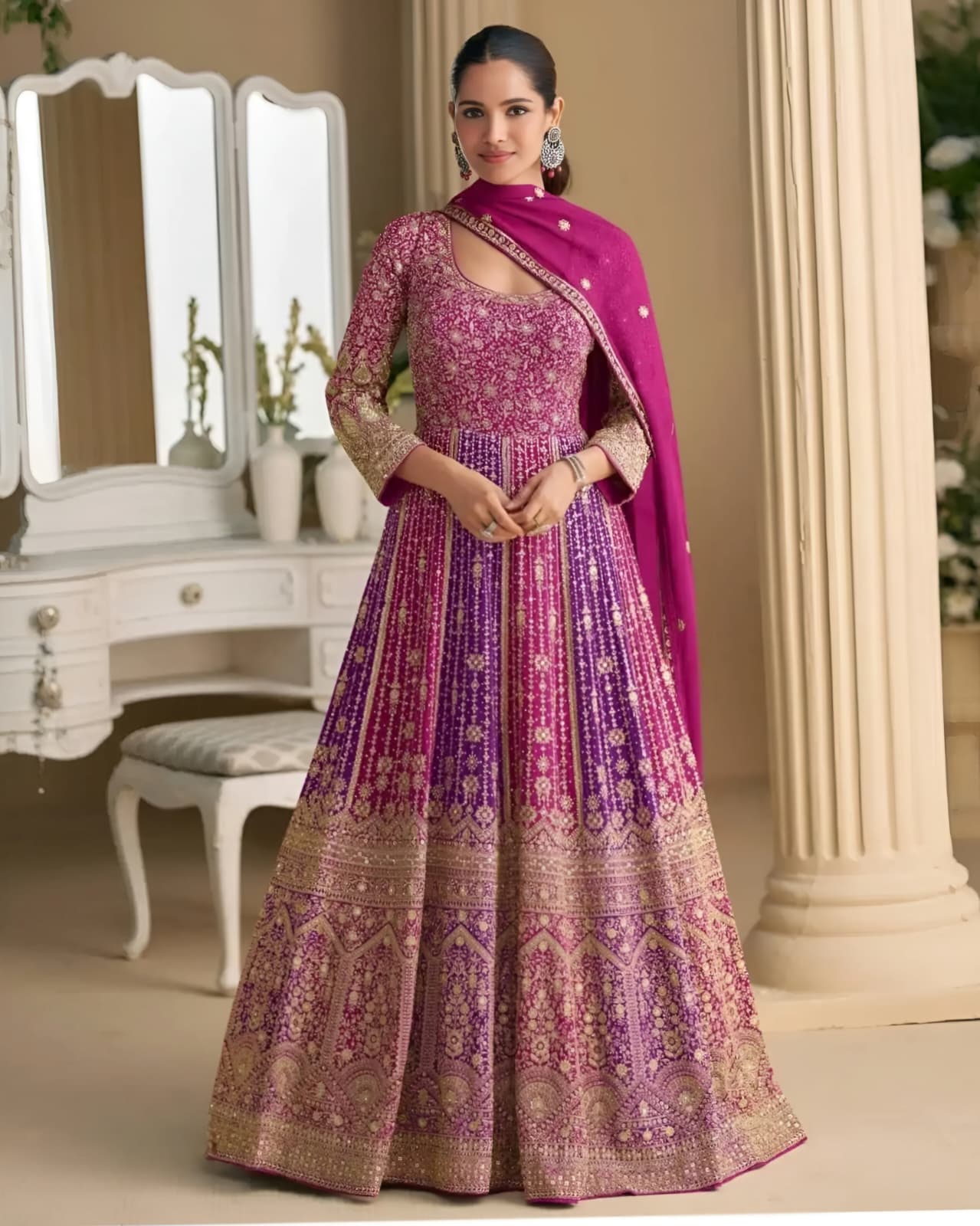 Real Premium Georgette Heavy Embroidered Anarkali Gown With Swarovski Zarkan Work Pink