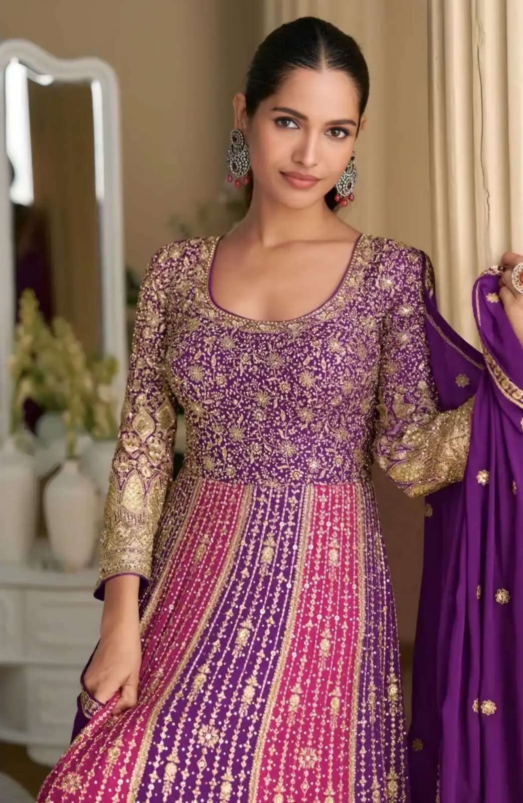Real Premium Georgette Heavy Embroidered Anarkali Gown With Swarovski Zarkan Work Purple