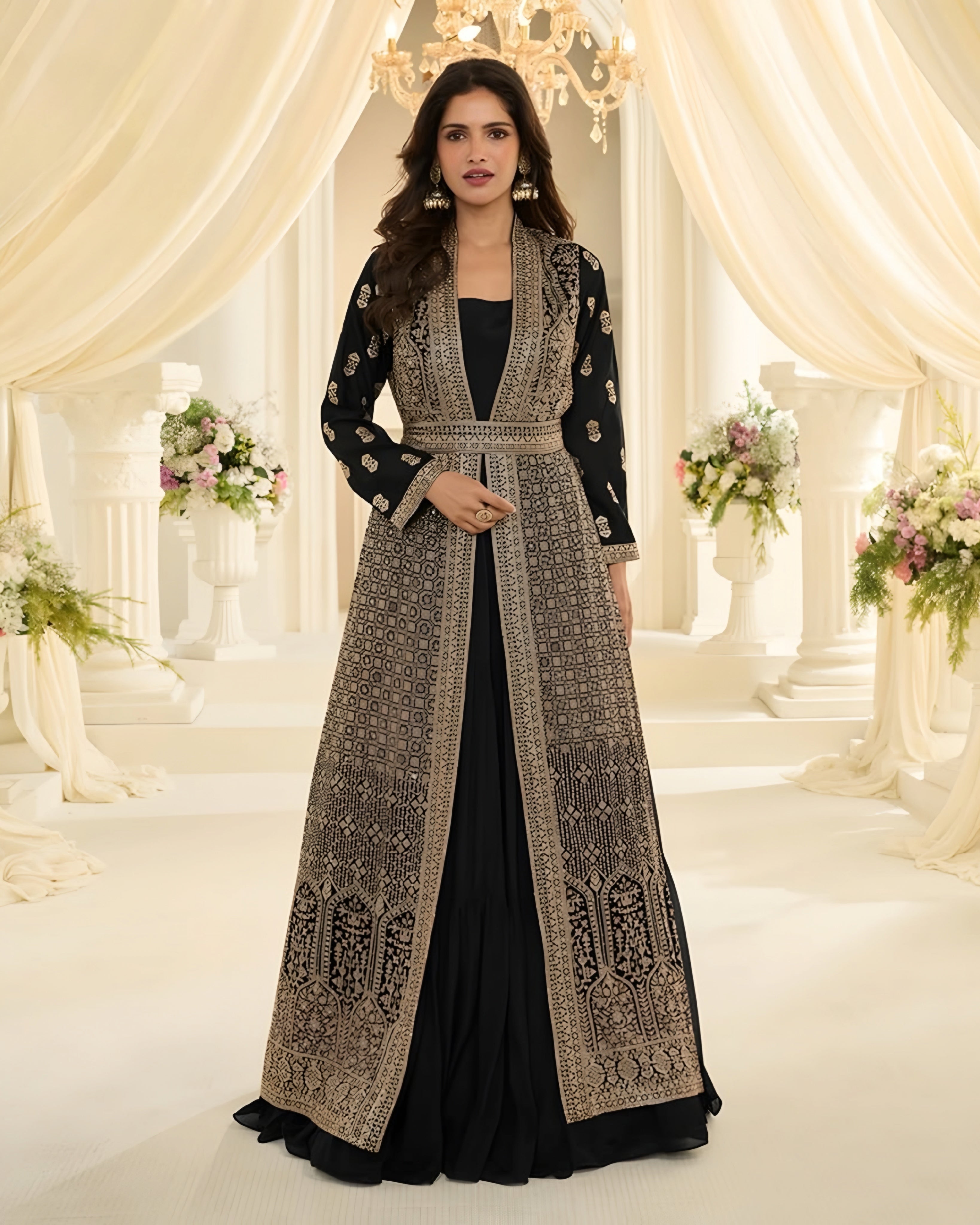 Woman wearing a black and gold embroidered dress in a decorated indoor setting