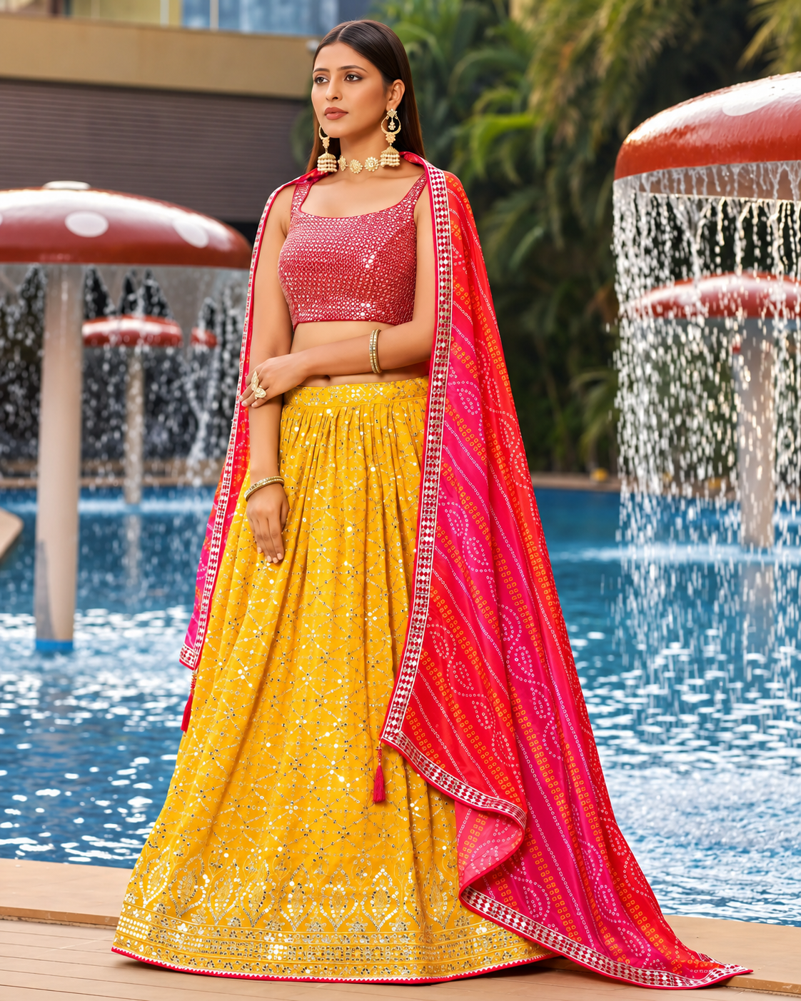 Yellow Georgette Lehenga with Pink Mirror Work Blouse