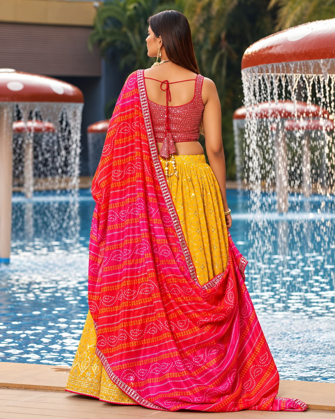 Yellow Georgette Lehenga with Pink Mirror Work Blouse