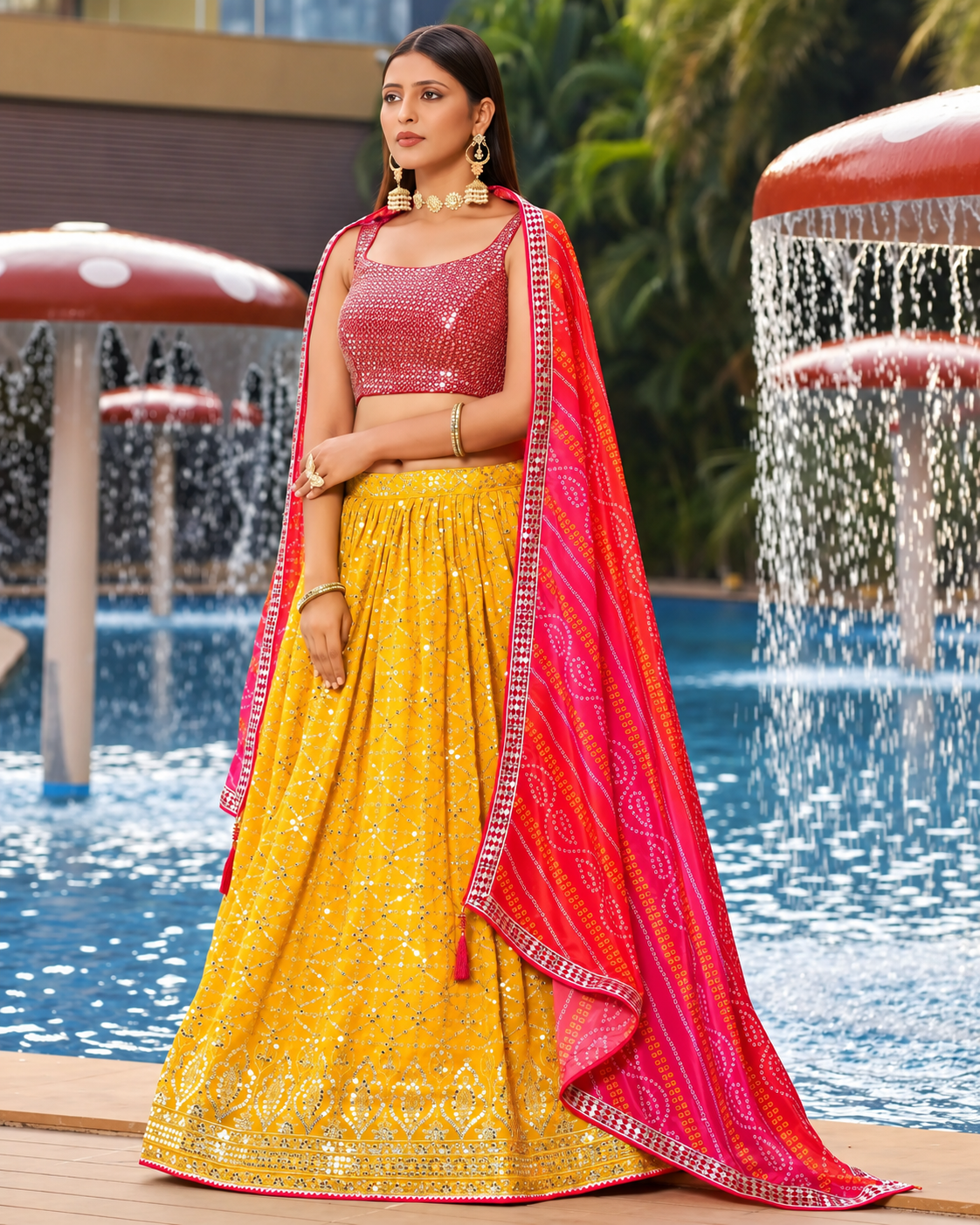 Yellow Georgette Lehenga with Pink Mirror Work Blouse